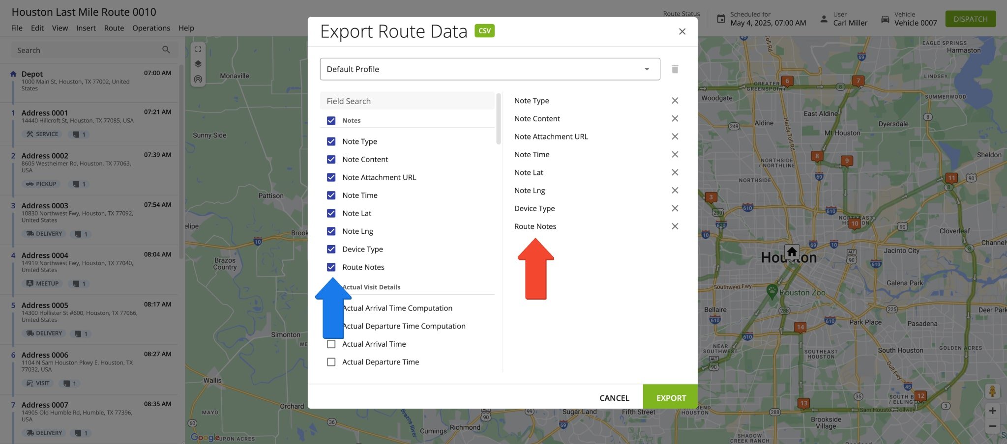 You can customize the Note export file to your preference. When exporting route Notes, the Export Route Data window allows you to customize the list of items that you want to include in the exported CSV file.