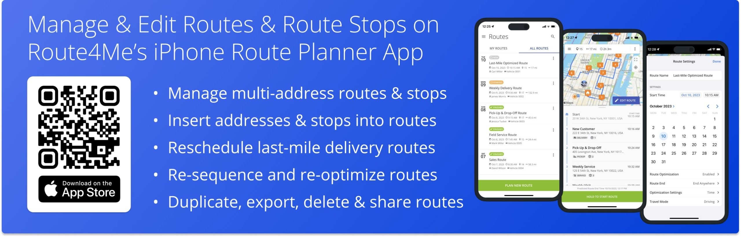 Managing and editing last-mile routes and route stops using Route4Me's iPhone Route Planner app for delivery drivers.