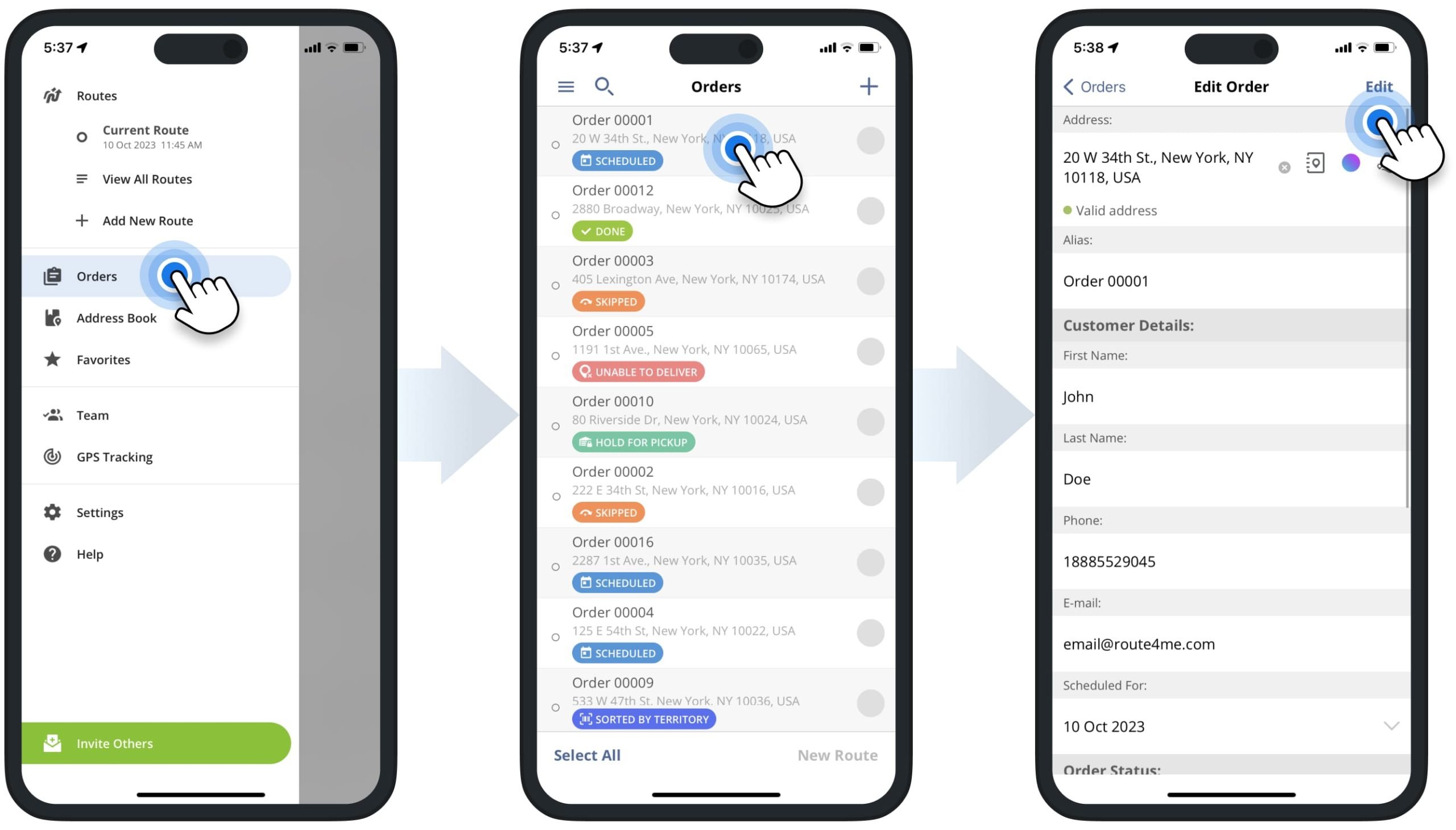 Orders List management, orders access, and order statuses on Route4Me's iPhone Route Planning app.