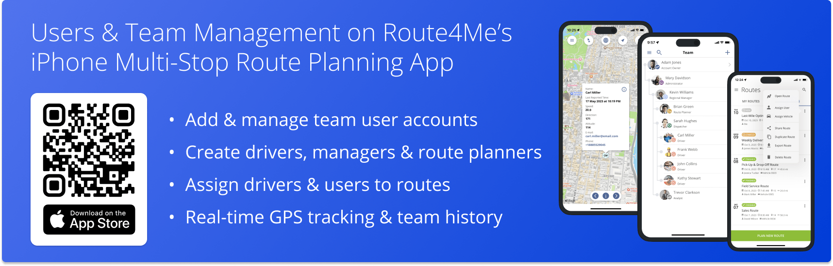 Drivers, managers, dispatchers, and team management, route dispatch, and GPS team tracking on Route4Me's iPhone Route Planning app.