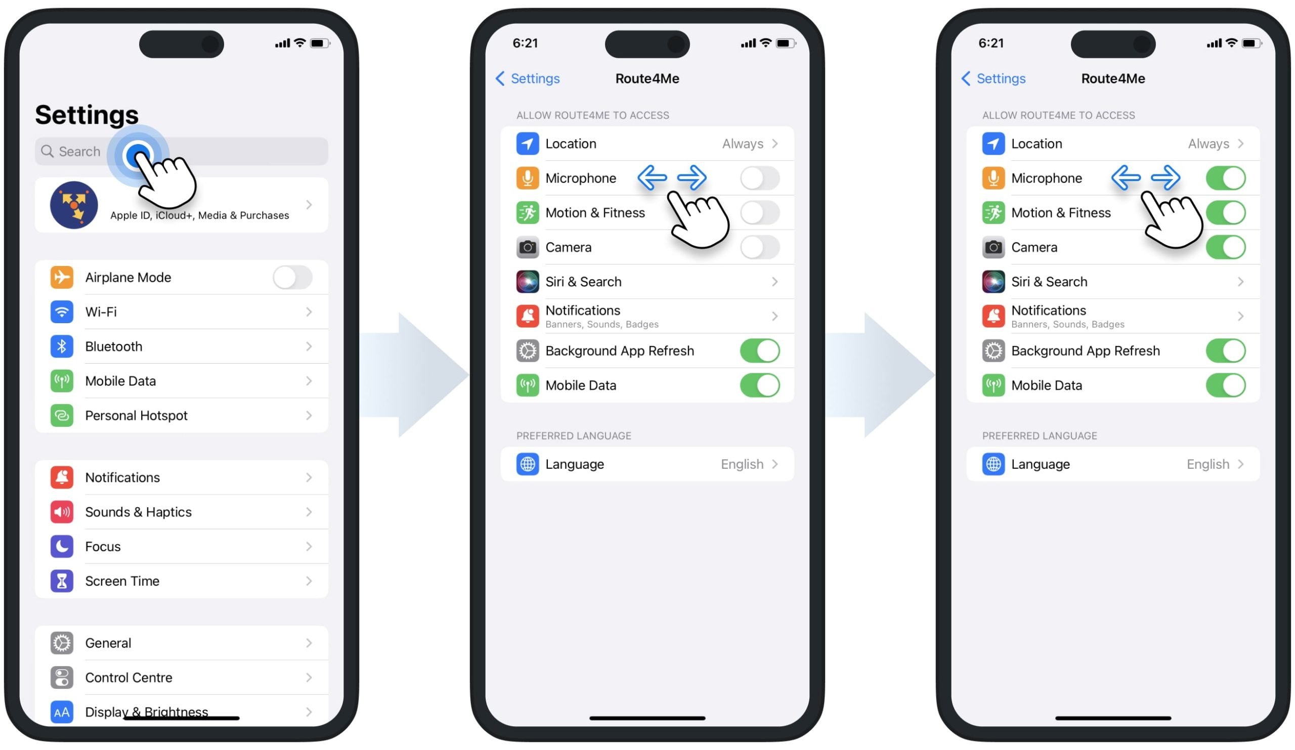 Route4Me's iPhone Route Planner app microphone, camera, motion, and fitness privacy and permissions settings.