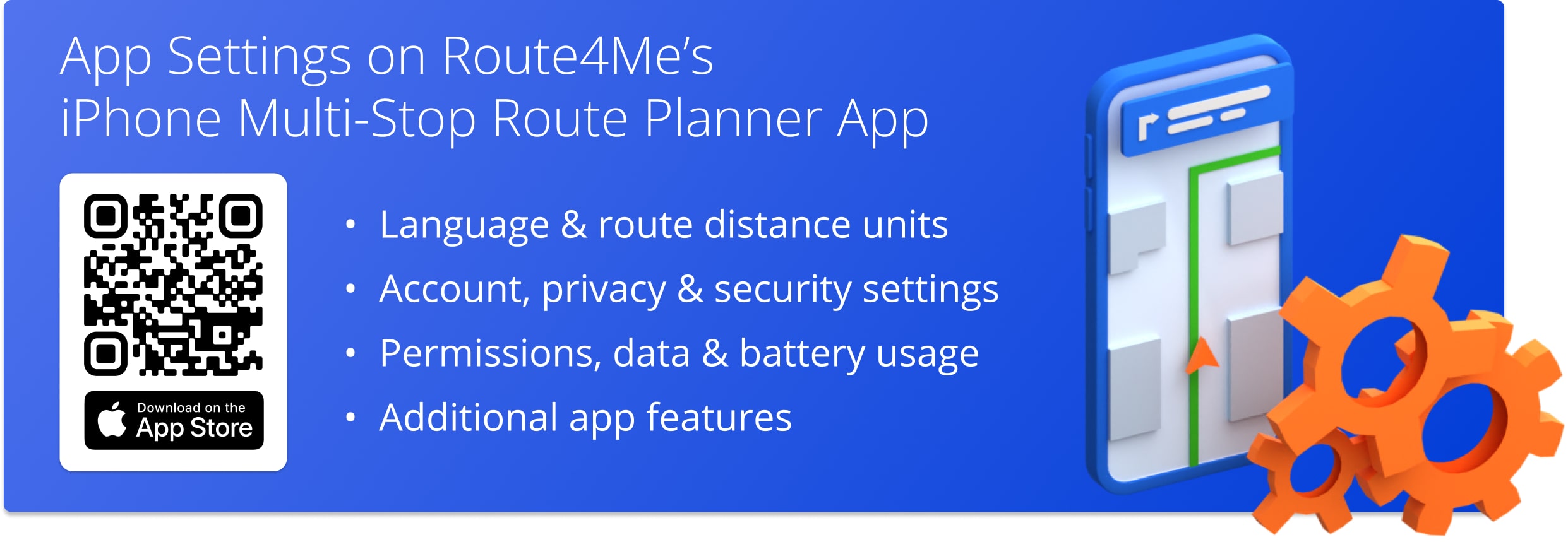 Route4Me iPhone Route Planner app settings: language and distance units, security and privacy, data usage, and additional features.