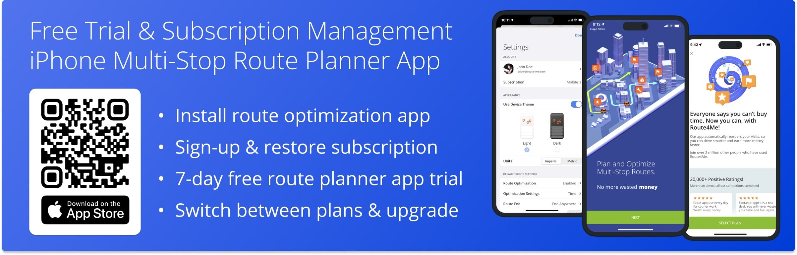 Free route planner app trial and subscription management on Route4Me's iPhone Multi-Stop Route Optimization app.