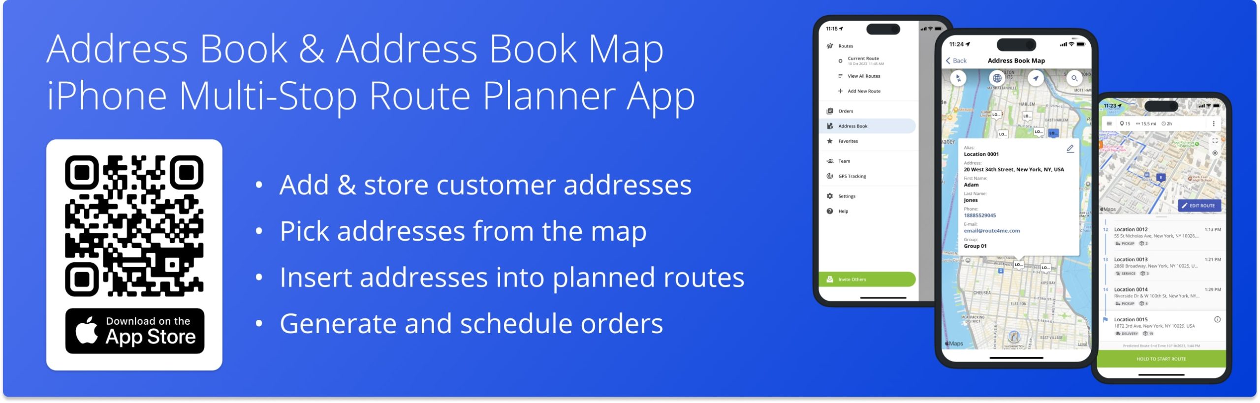 Synced Address Book on Route4Me's iPhone Route Planner app for storing, managing, adding, and inserting addresses into planned routes.