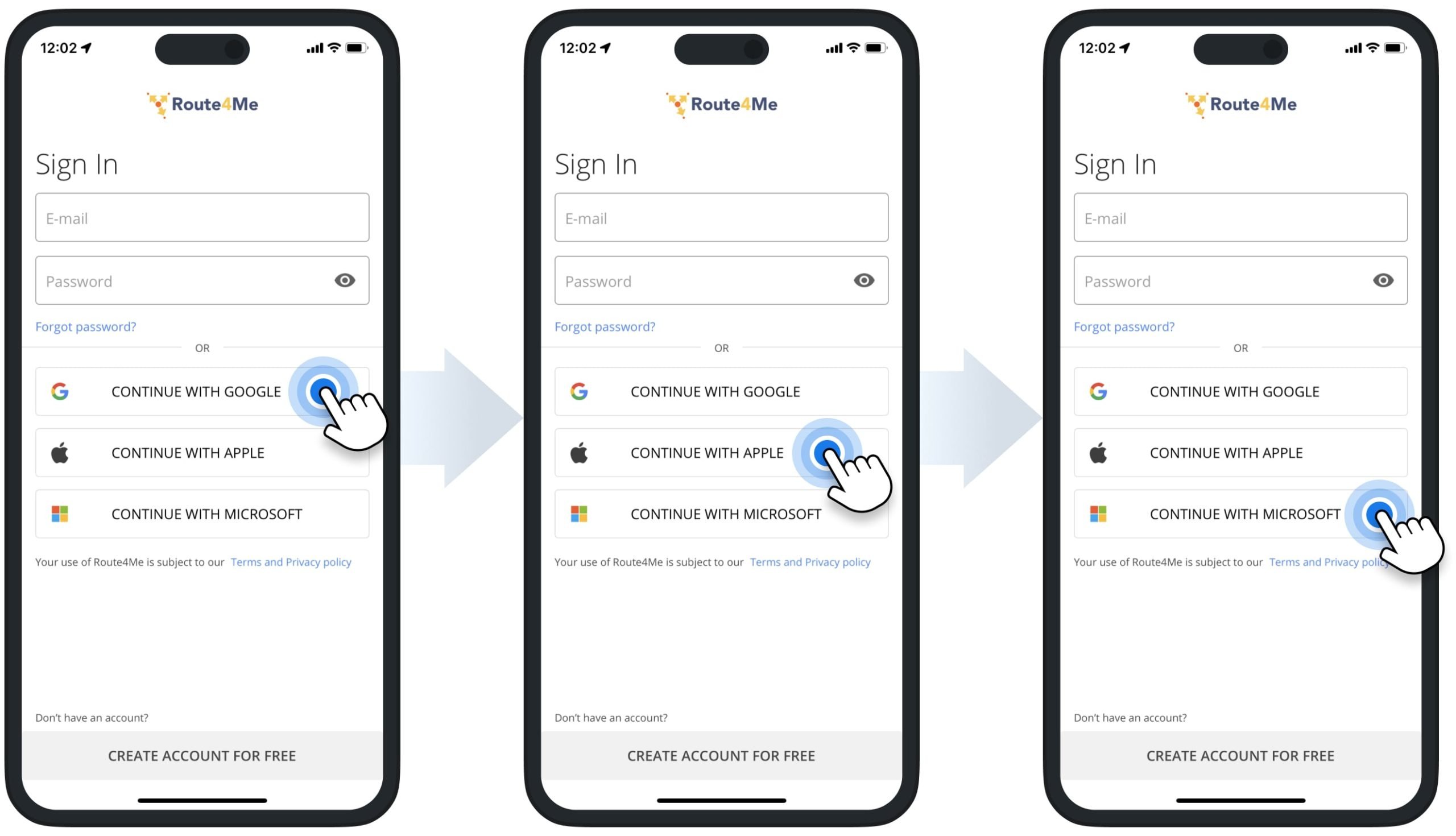 Google, Apple, and Microsoft single sign-on or SSO on Route4Me's iPhone Route Planner app for delivery drivers.