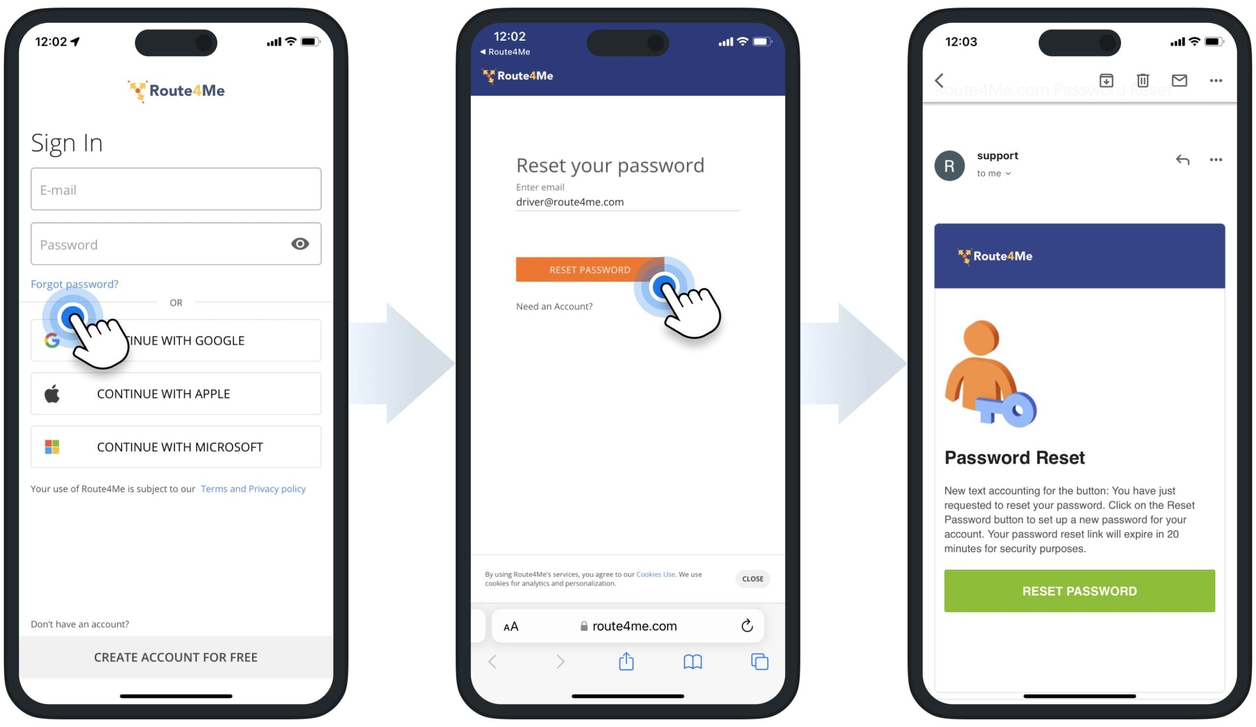 Resetting account password on Route4Me's iPhone Multi-Stop Route Optimization app.