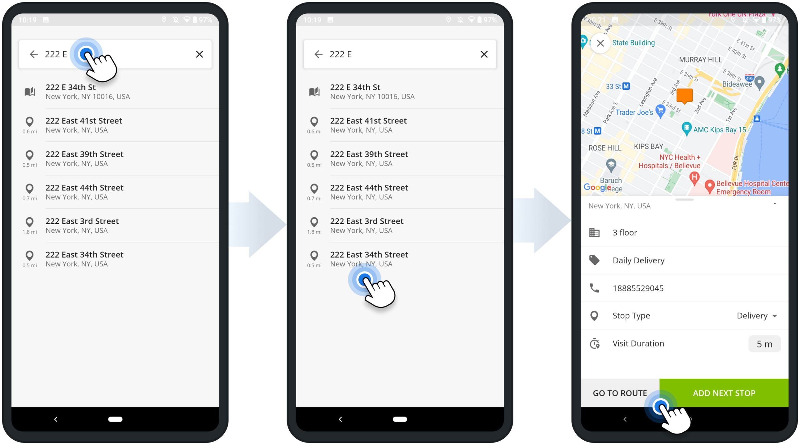 Add route addresses with auto-complete, location validation, and geocoding on Route4Me's Android Multi-Stop Route Planning App.