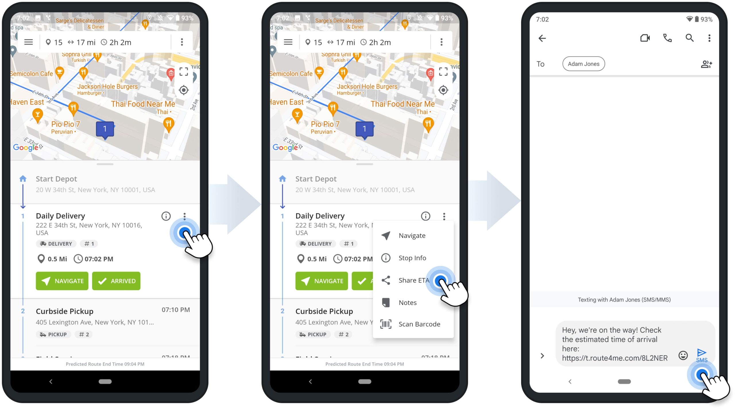 Share route stop estimated time of arrival (ETA) with customers via SMS from the Android Route Planner app for delivery drivers, field service, and sales.