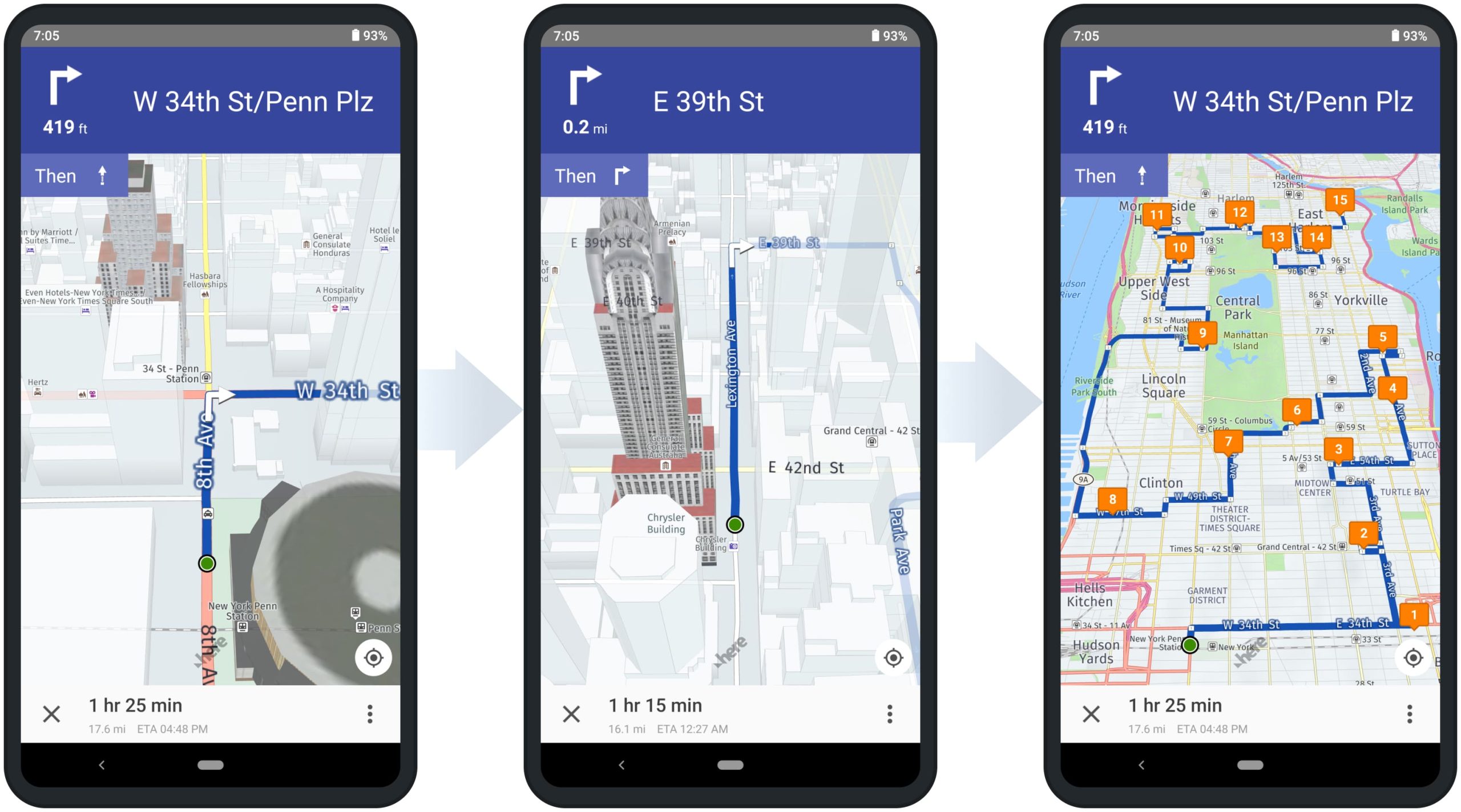 Using the Android Route Planner app integrated GPS navigation with live traffic, dynamic ETAs, voice directions, and adjustable maps.