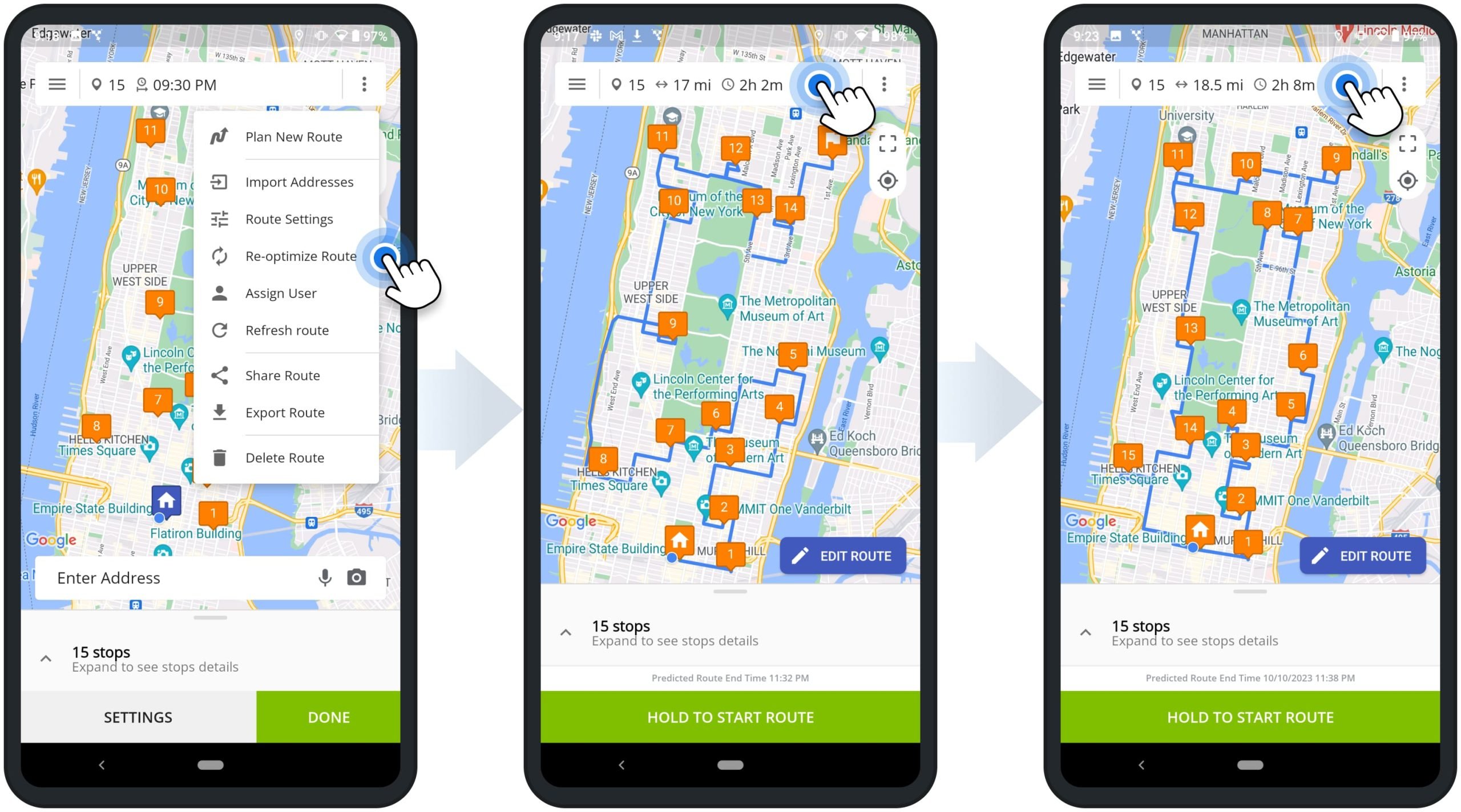 Re-optimize route to resequence stops using Route4Me's Android Multi-Addrtess Route Planner app for last-mile delivery drivers.