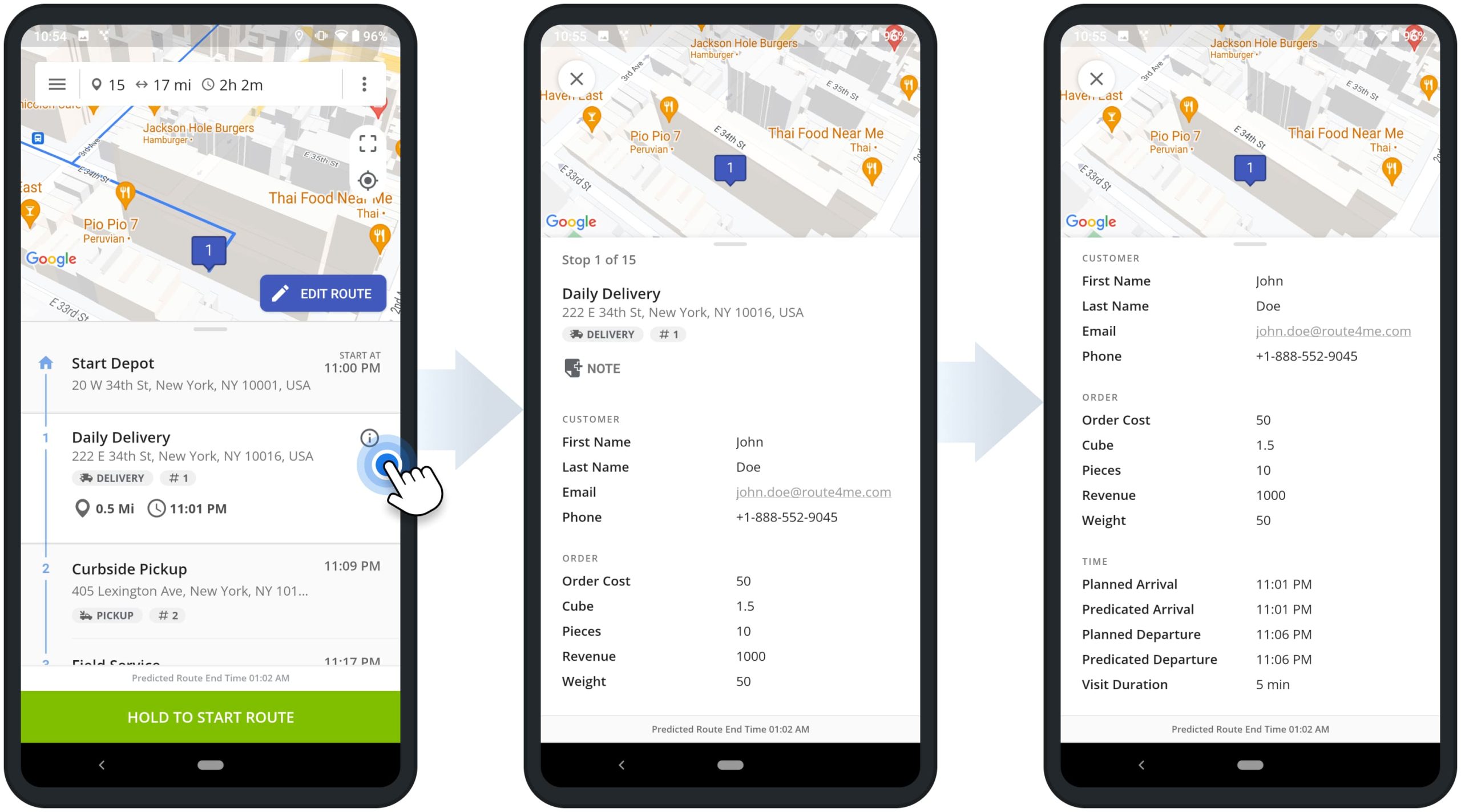 Open Stop Info to check stop ETAs, customer and order details, address, and other route stop details on Route4Me's Android Route Planner app.
