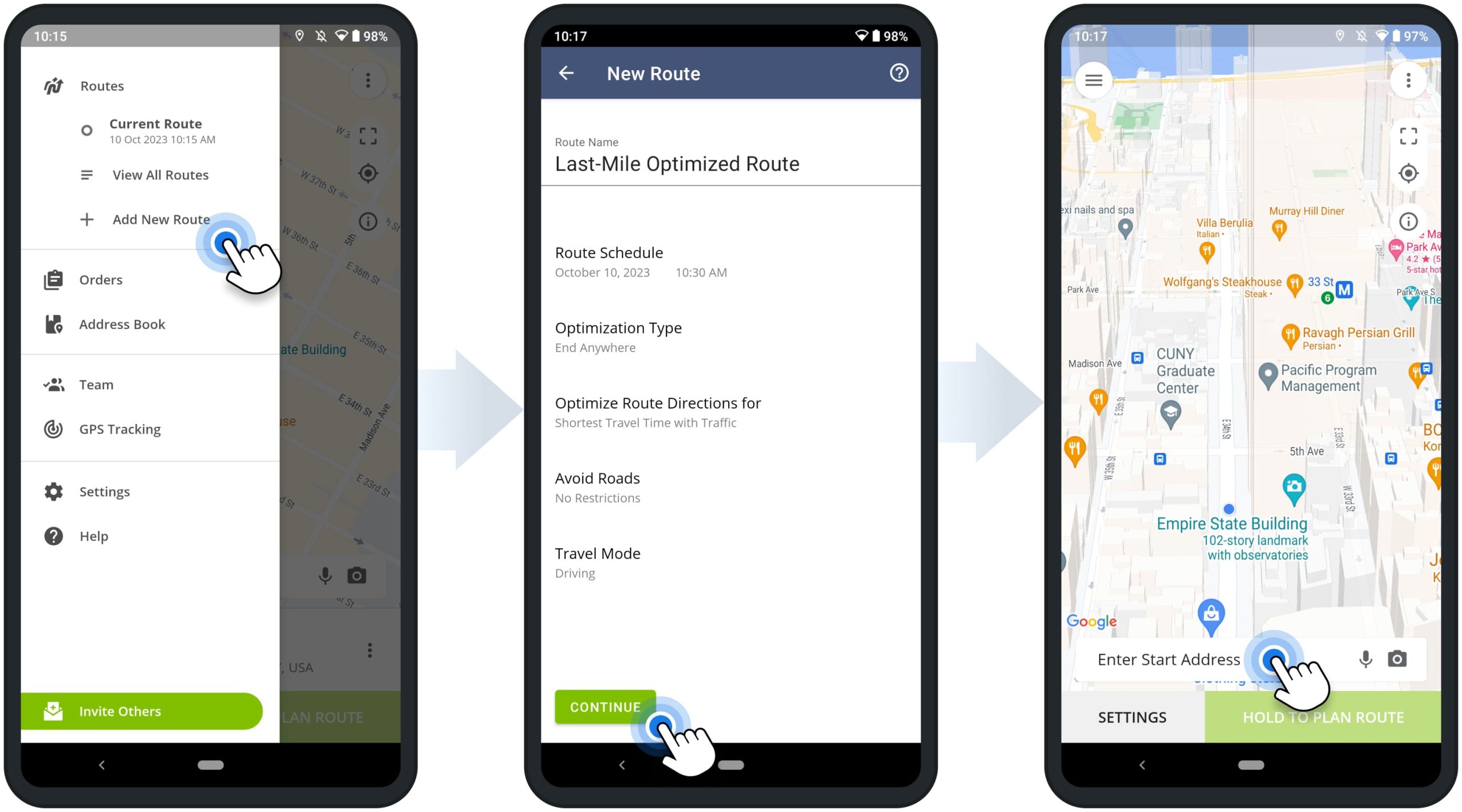 Plan a new route, schedule the route, and adjust route optimization settings on Route4Me's multi-stop route planner app.
