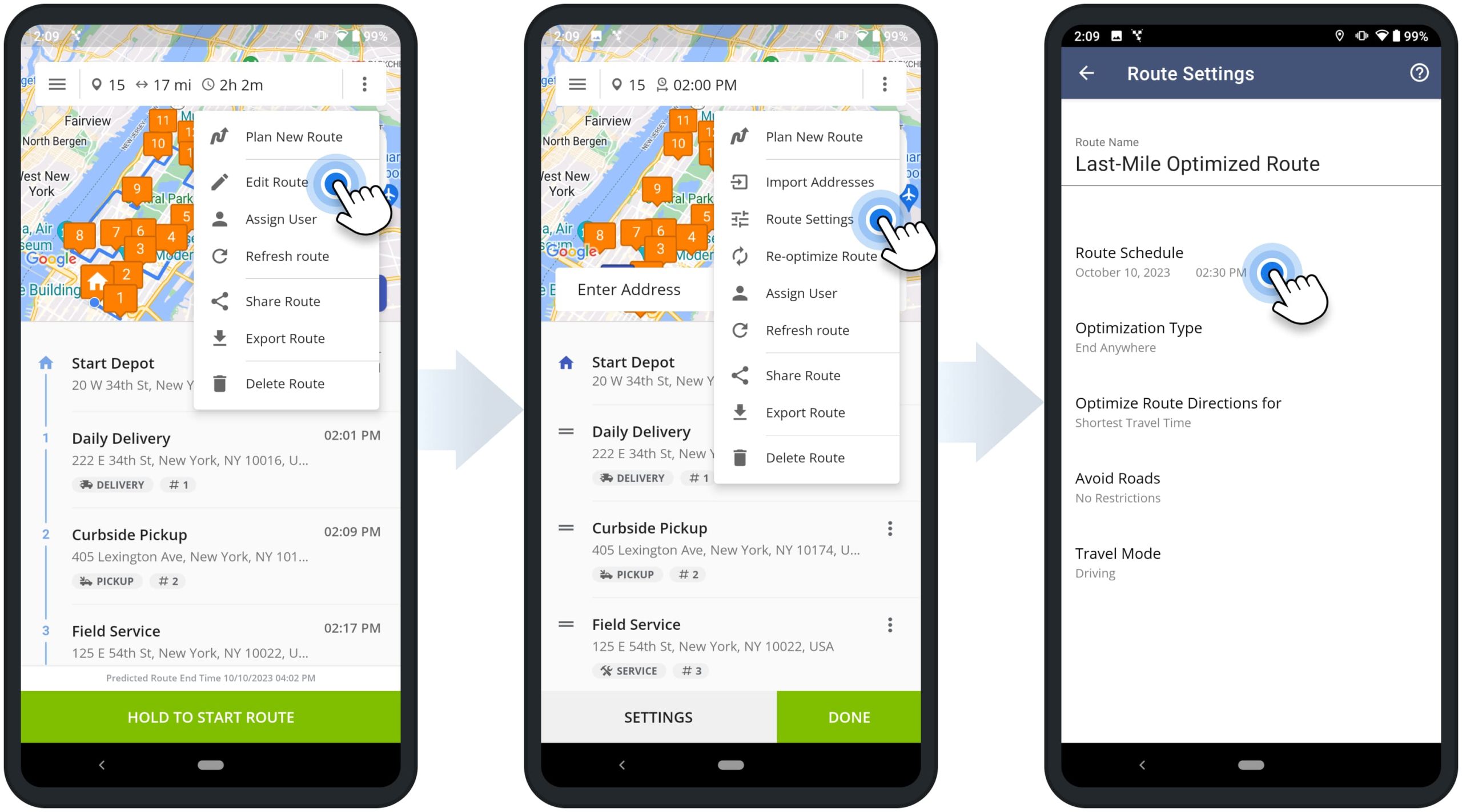 Reschedule route and change route start time and date using Route4Me's Android Route Planning app for drivers.
