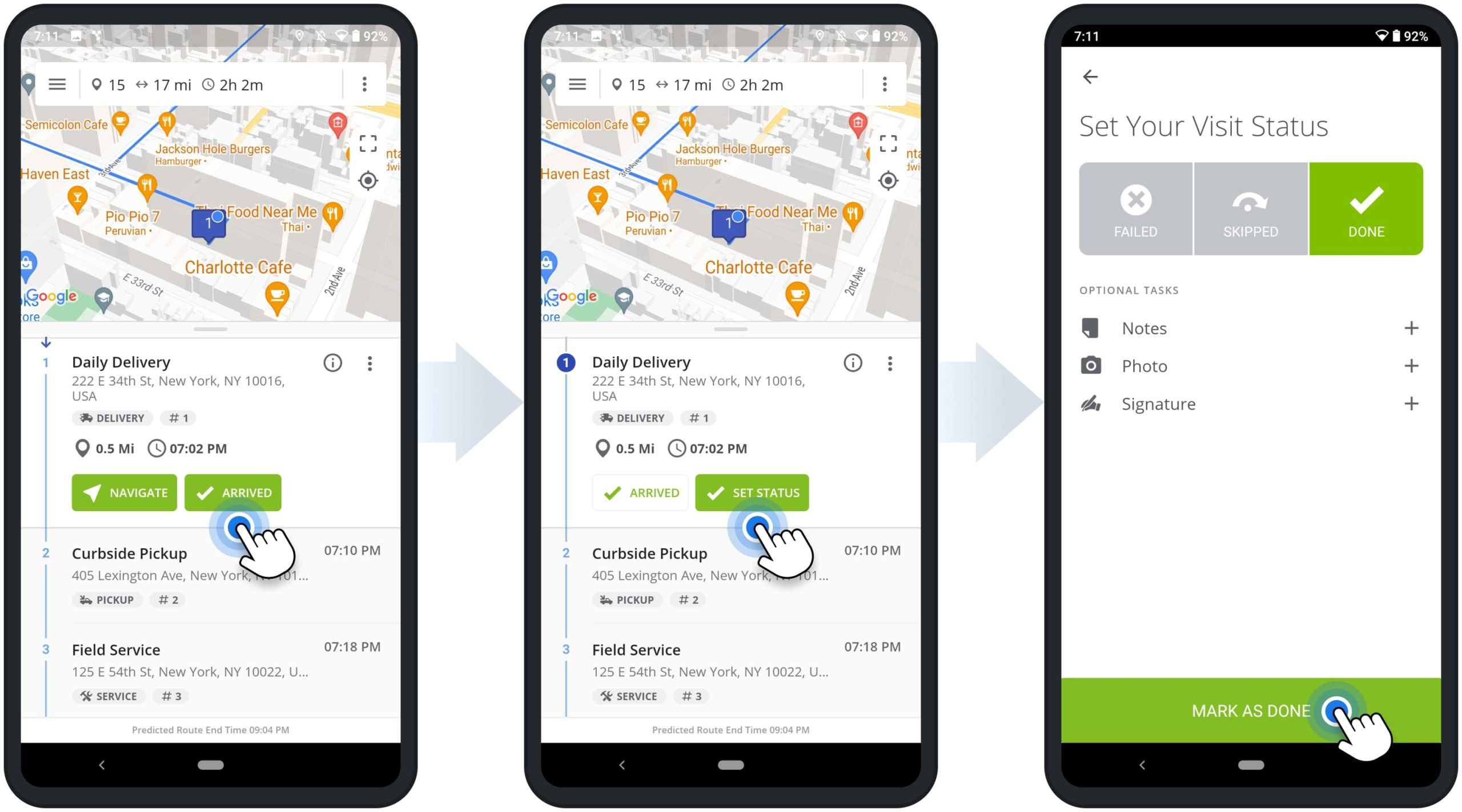 Add statuses to route stops to track route progress and confirm stop visits on Route4Me's Android Route Planner app for drivers.