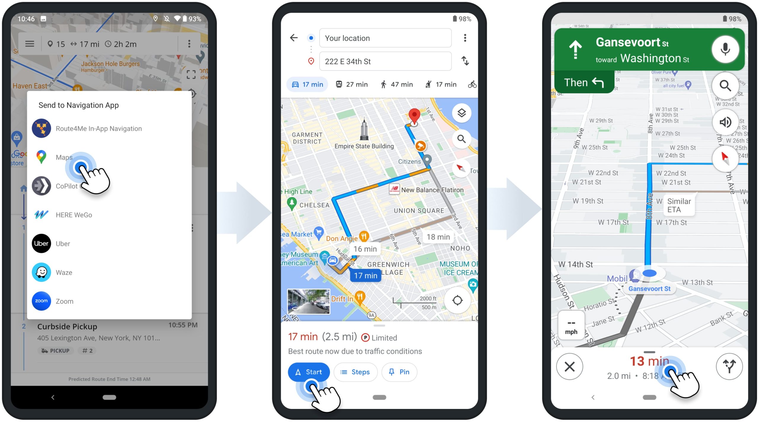 Google Maps route planner GPS navigation for navigating sequenced routes from Route4Me Android Route Planner app for drivers.
