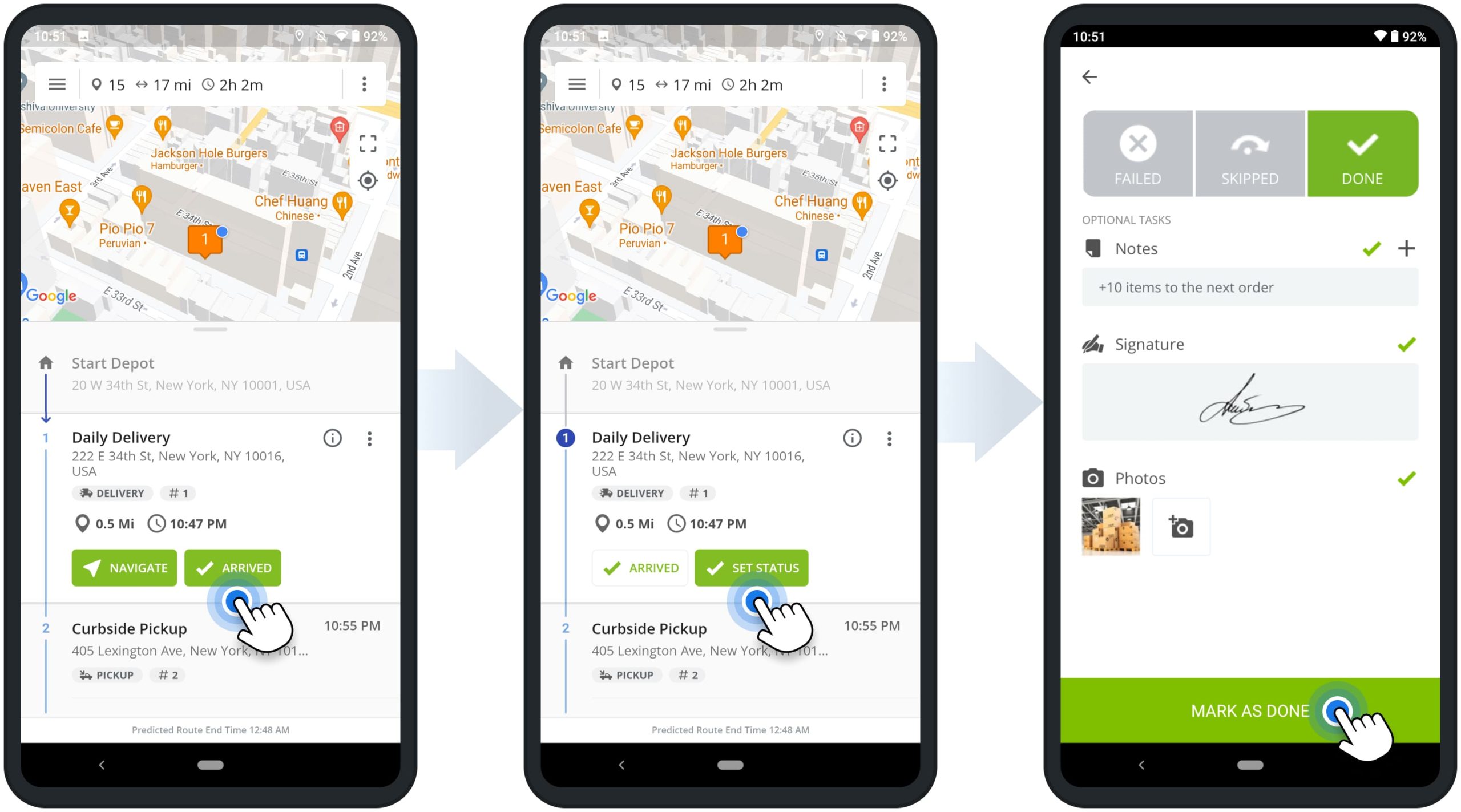 Set stop statuses and attach electronic proof of visit, delivery, or service to route stops on Route4Me's Android Route Optimization App for drivers.
