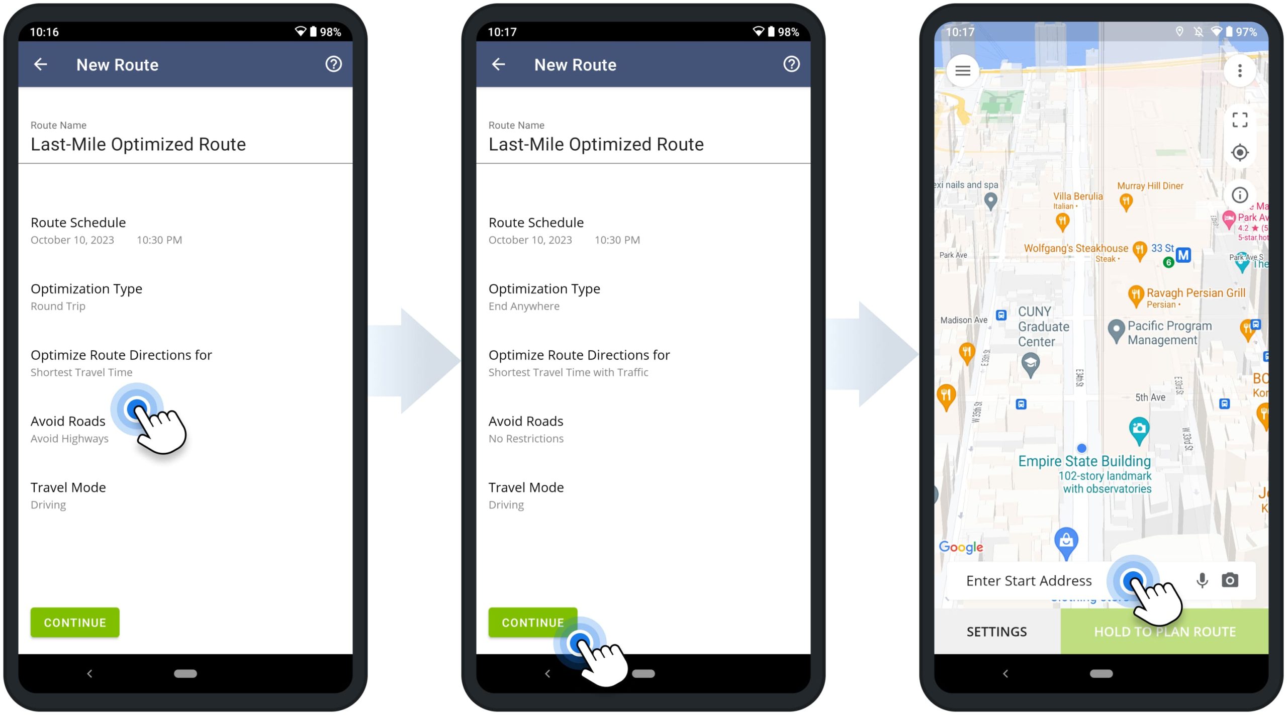 Select route optimization type on Route4Me's multi-address route planner app for Android phones and tablets.