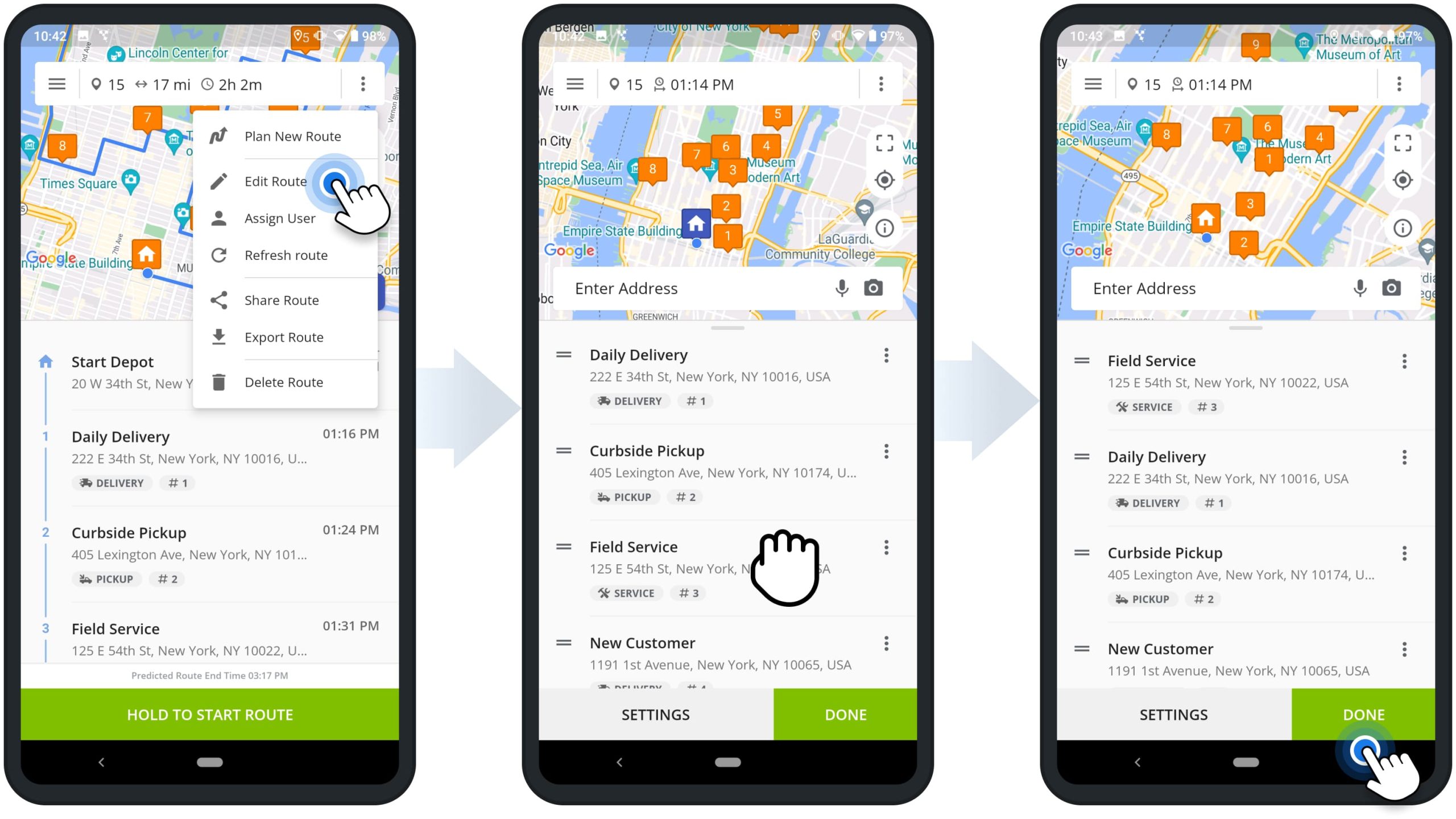 Change address sequence or resequence route stops using Route4Me's Android Route Planner app for last-mile drivers.