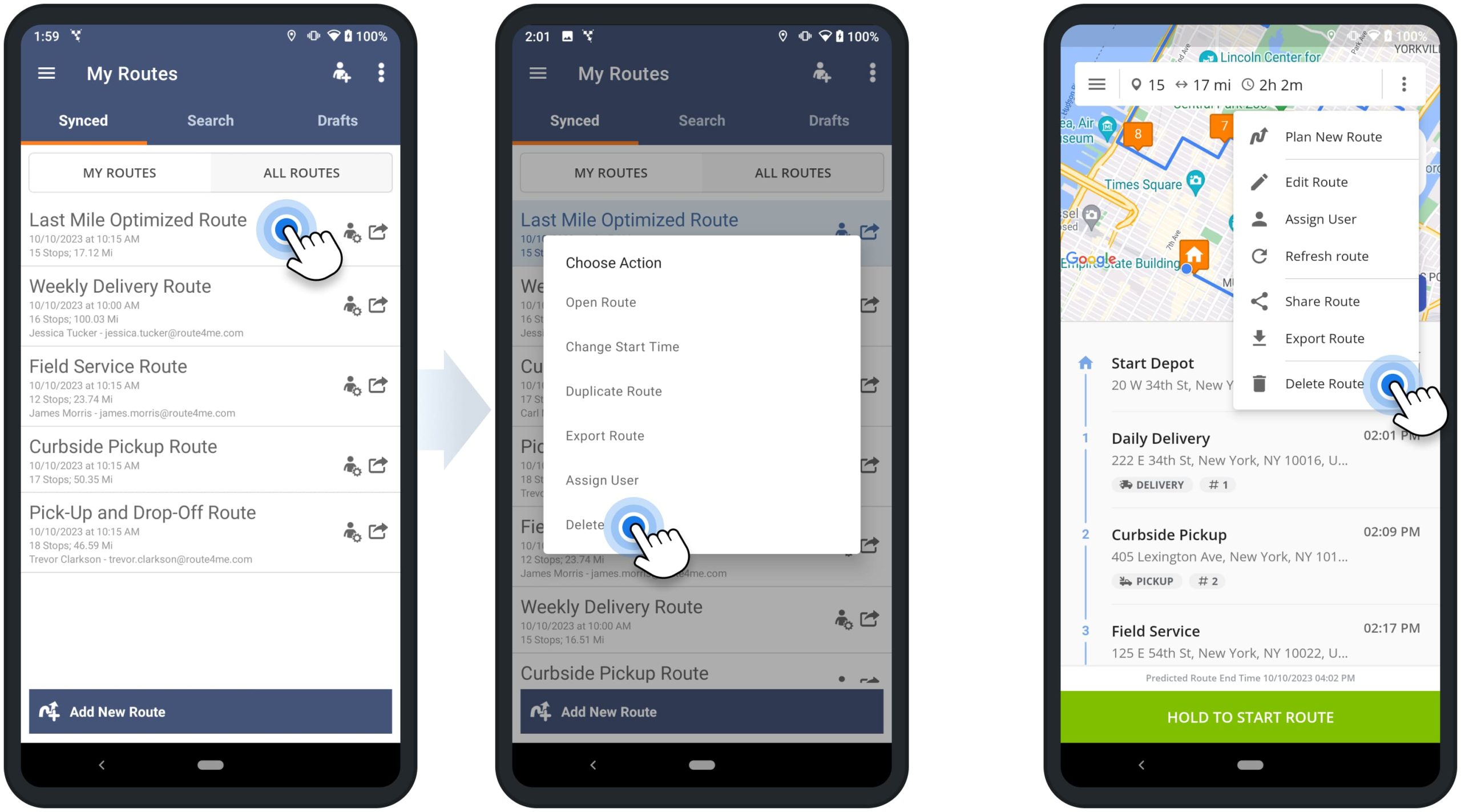Permanently delete routes on Route4Me's Android Route Planning app for last-mile delivery drivers.