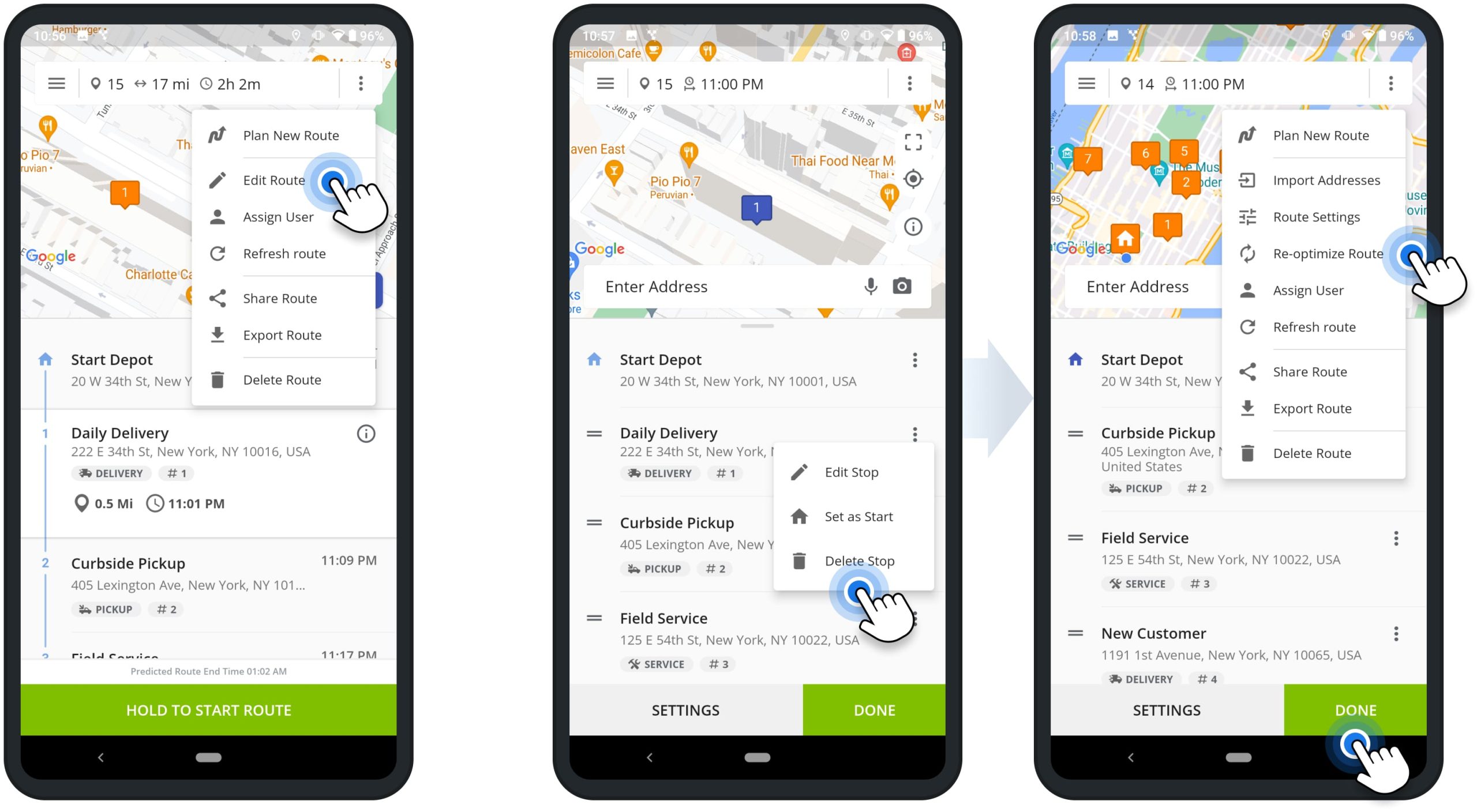 Delete stops and remove addresses from optimized routes on Route4Me's Android Route Planner app for last-mile drivers.