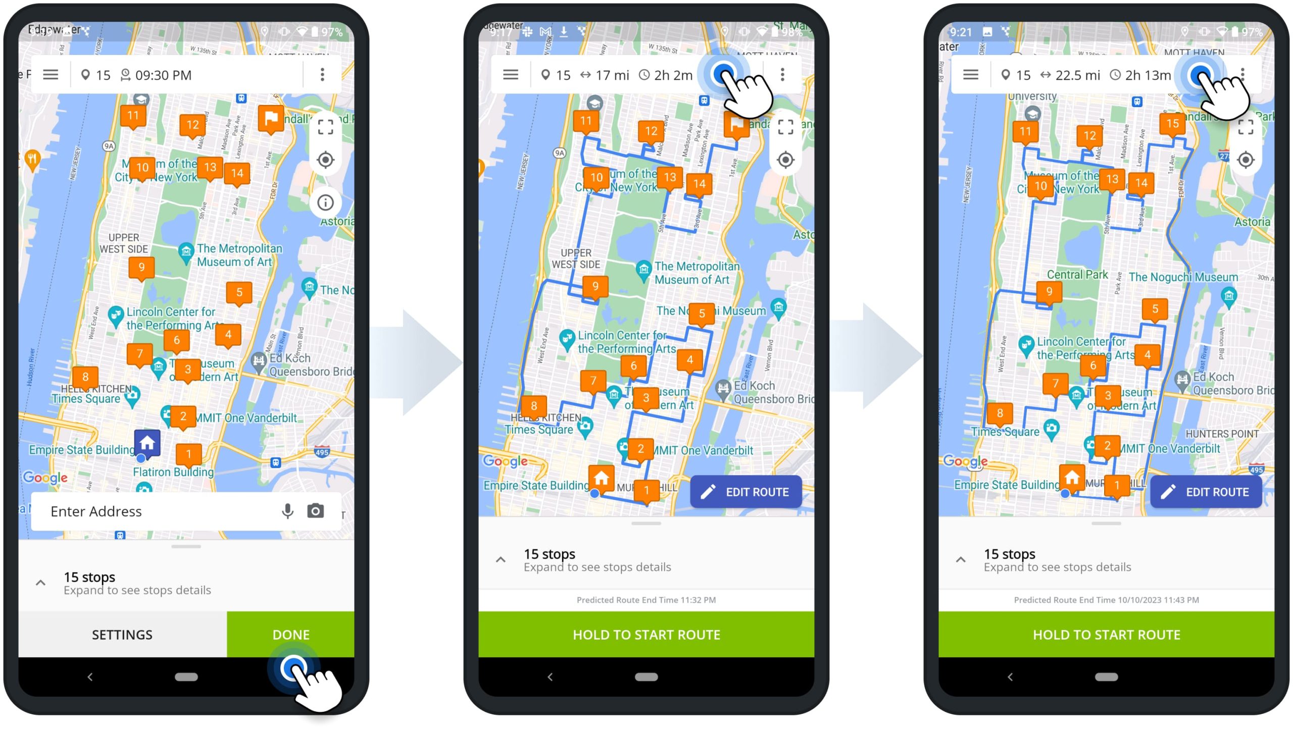 Update route settings, start time, trip type, and other route parameters on Route4Me's Android Multi-Address Route Planner app.