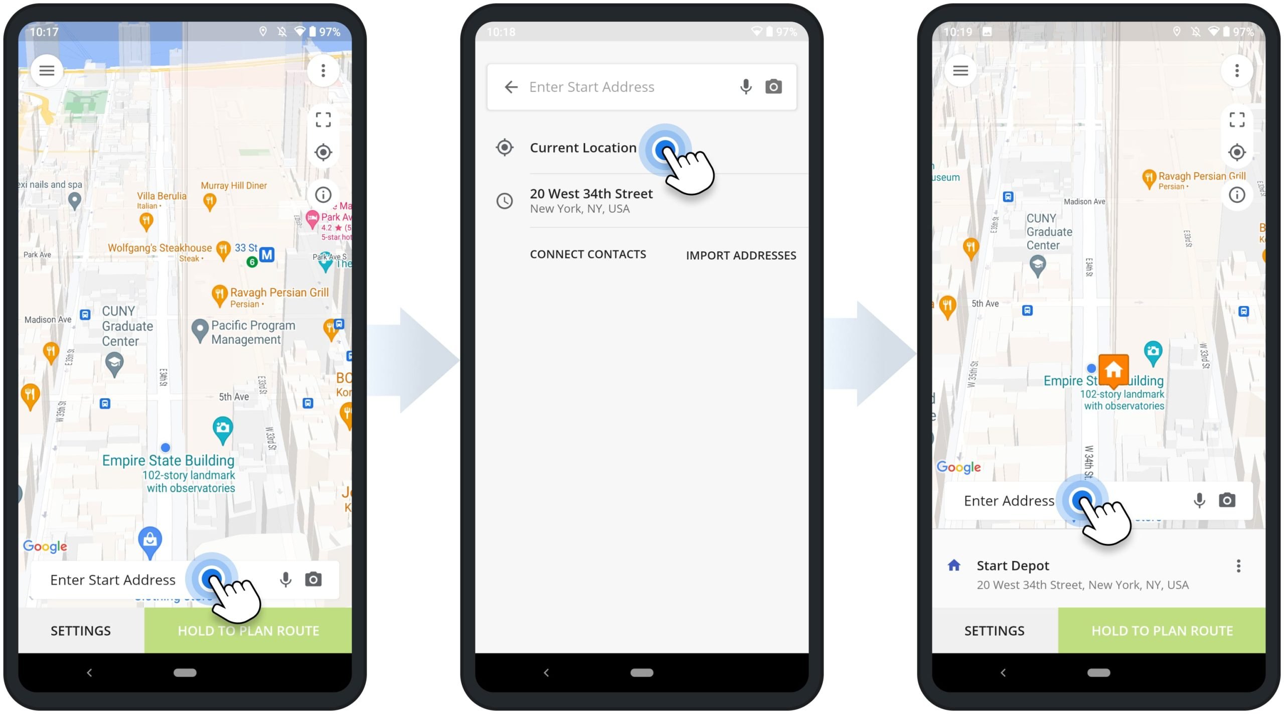 Add your current location as a route stop or route start depot on Route4Me's Android Multi-Stop Route Optimization App.