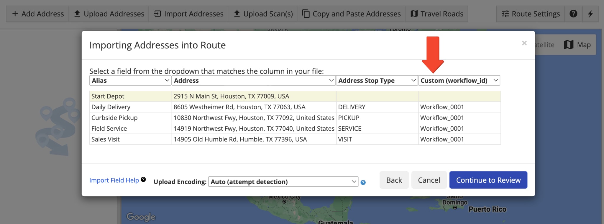 Upload route spreadsheet with addresses and Workflow IDs as Custom Data.