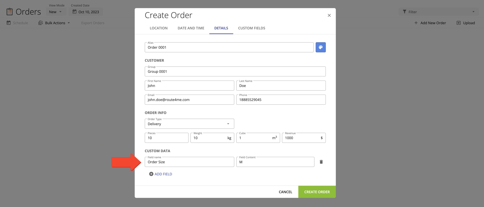 Adding Custom Data to assign custom order attributes and parameters to orders in Route4Me's Delivery Management System.