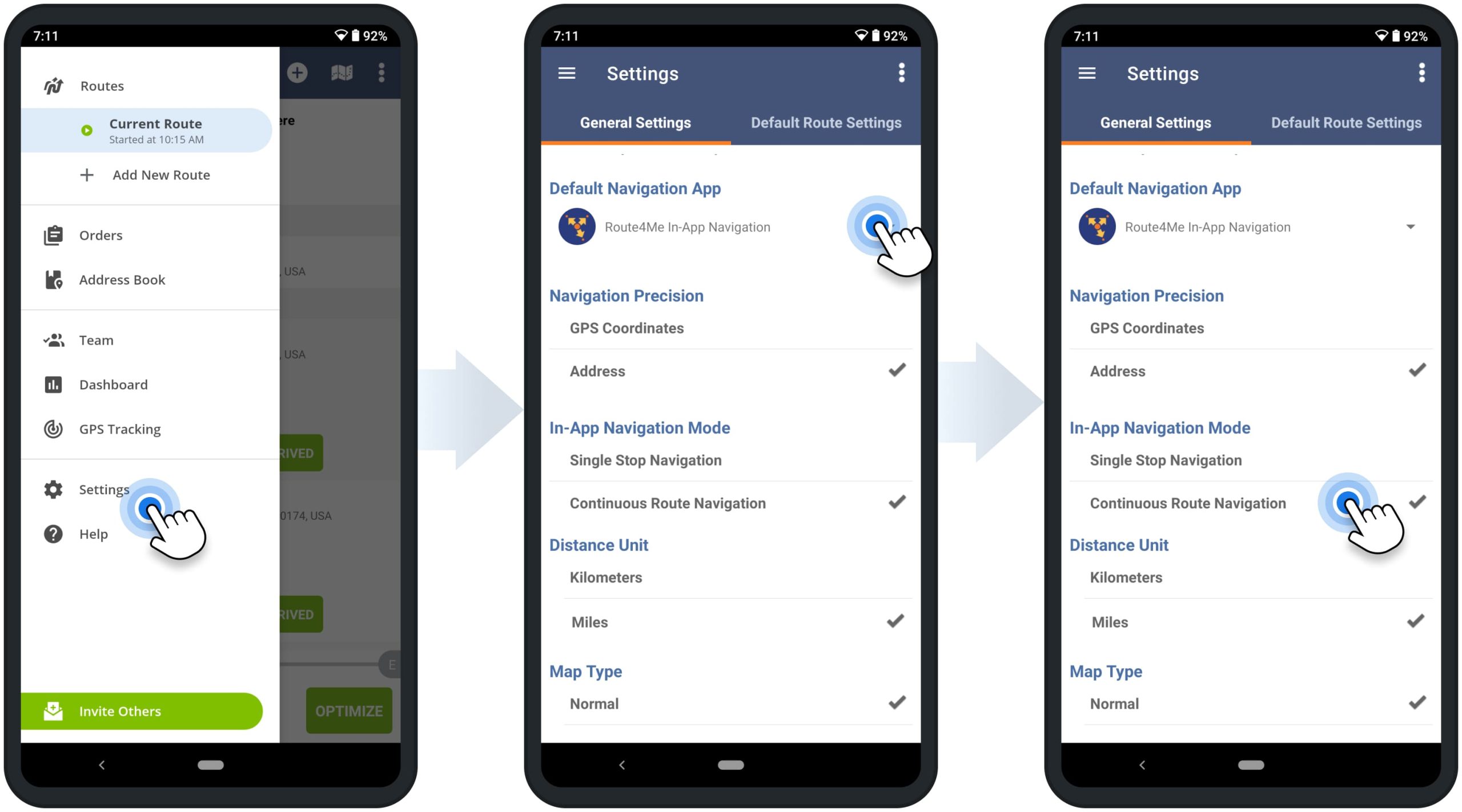 Android Route Planner app integrated GPS navigation settings for single-stop and continuous navigation, Google Maps or Waze default navigation app, and navigation units.