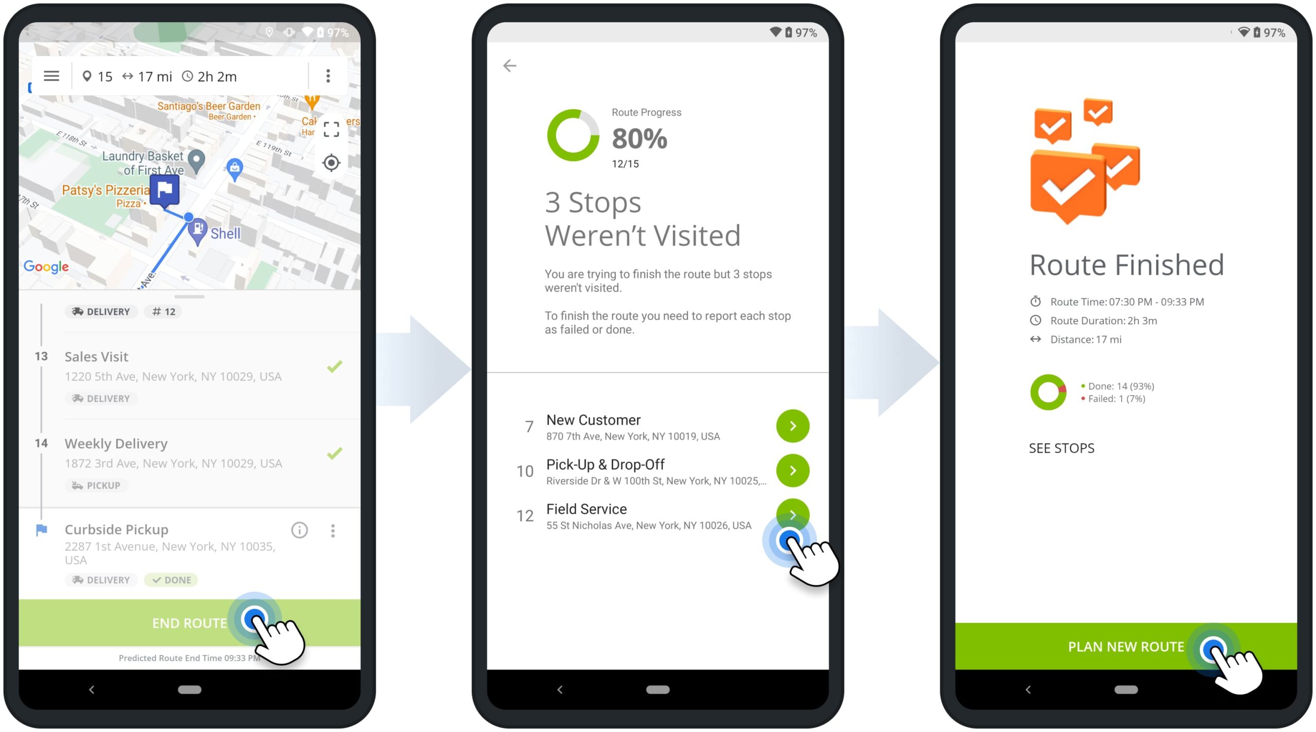 End routes and check route summary KPIs, statistics, and not visited stops on Route4Me's Android Route Planner app for drivers.