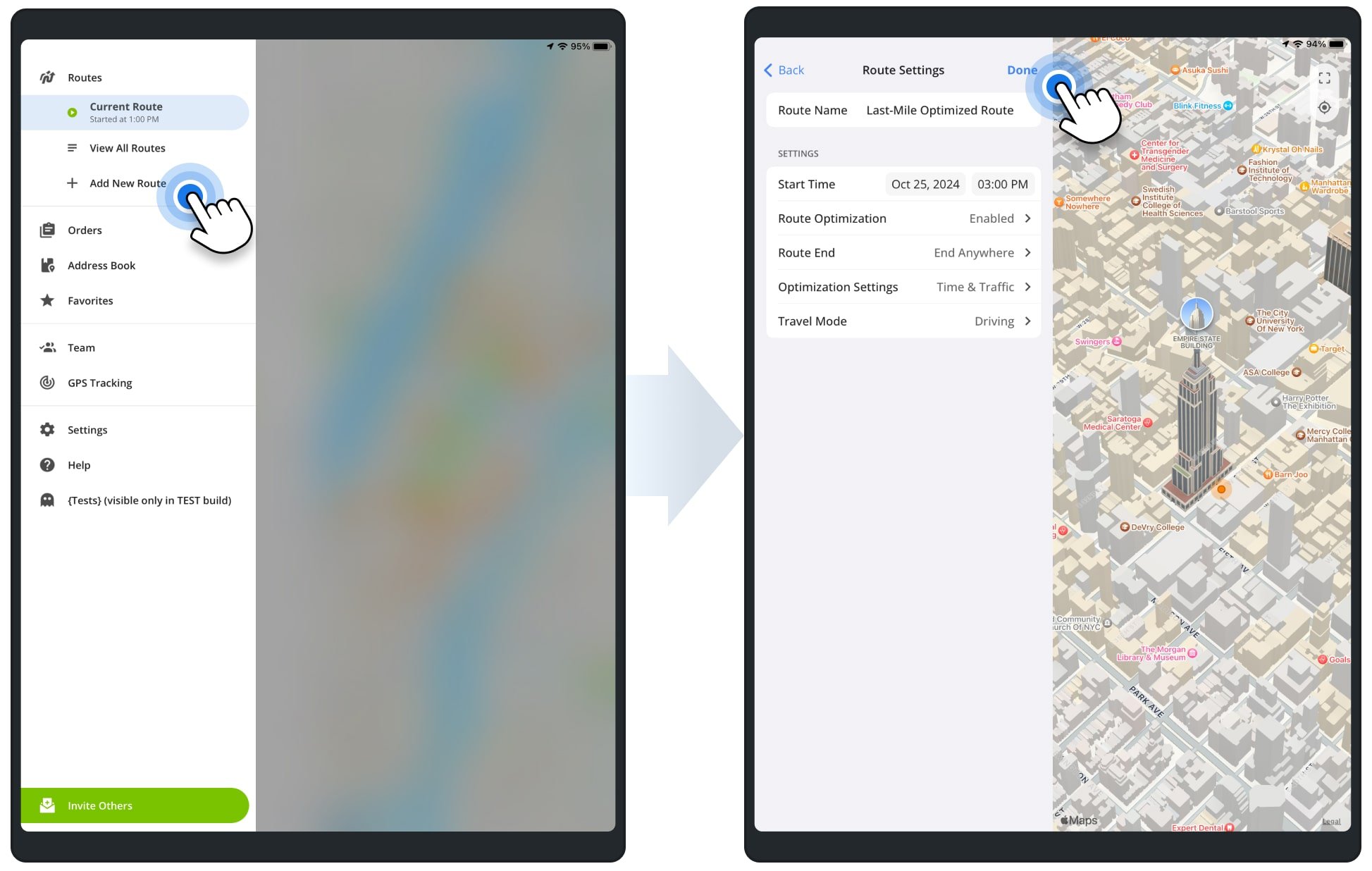 Planning a new route and setting up optimization settings on Route4Me's iPad Multi-Address Route Planner app for last-mile drivers.