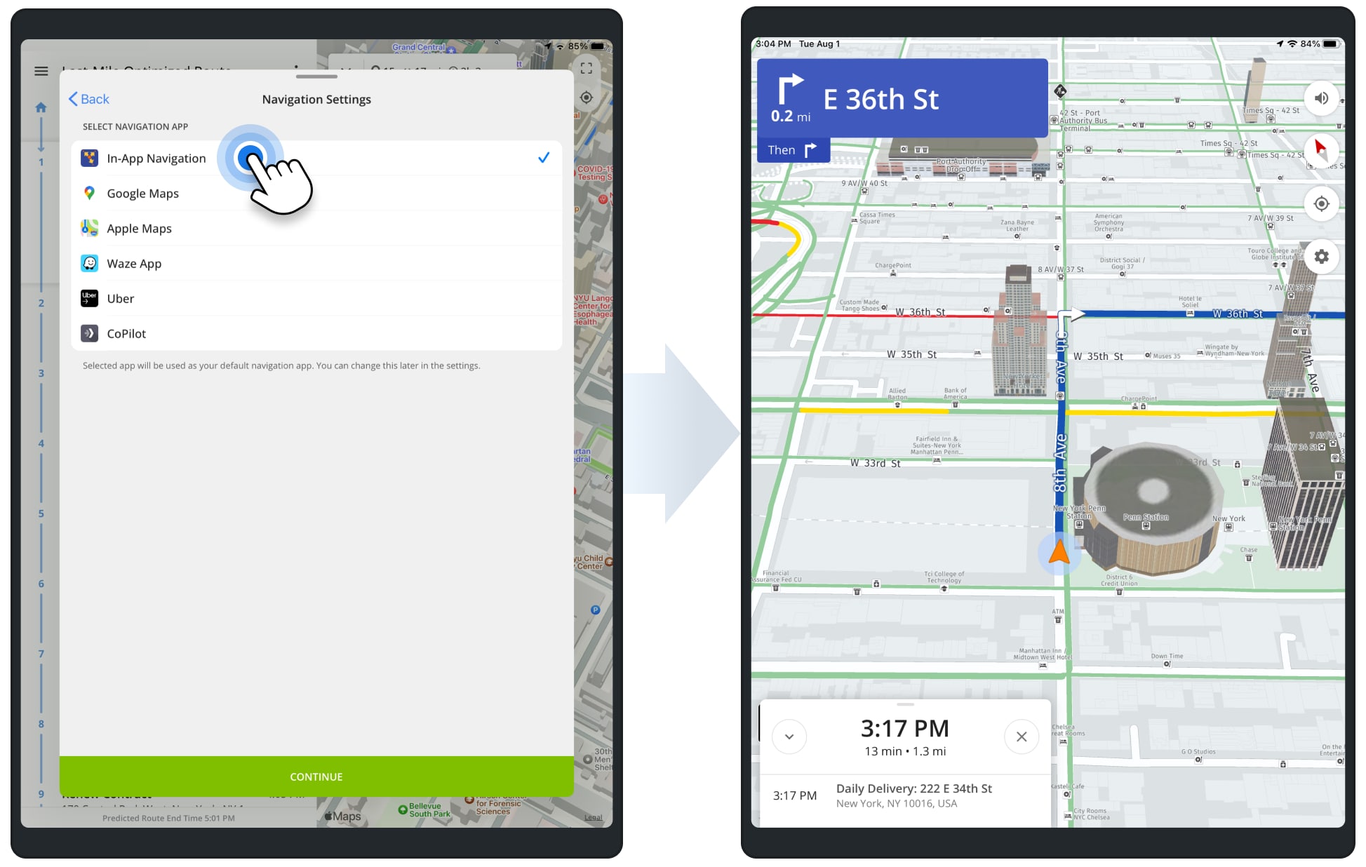 Navigating sequenced multi-address routes using iPad Route Planner app integrated GPS voice-guided navigation.
