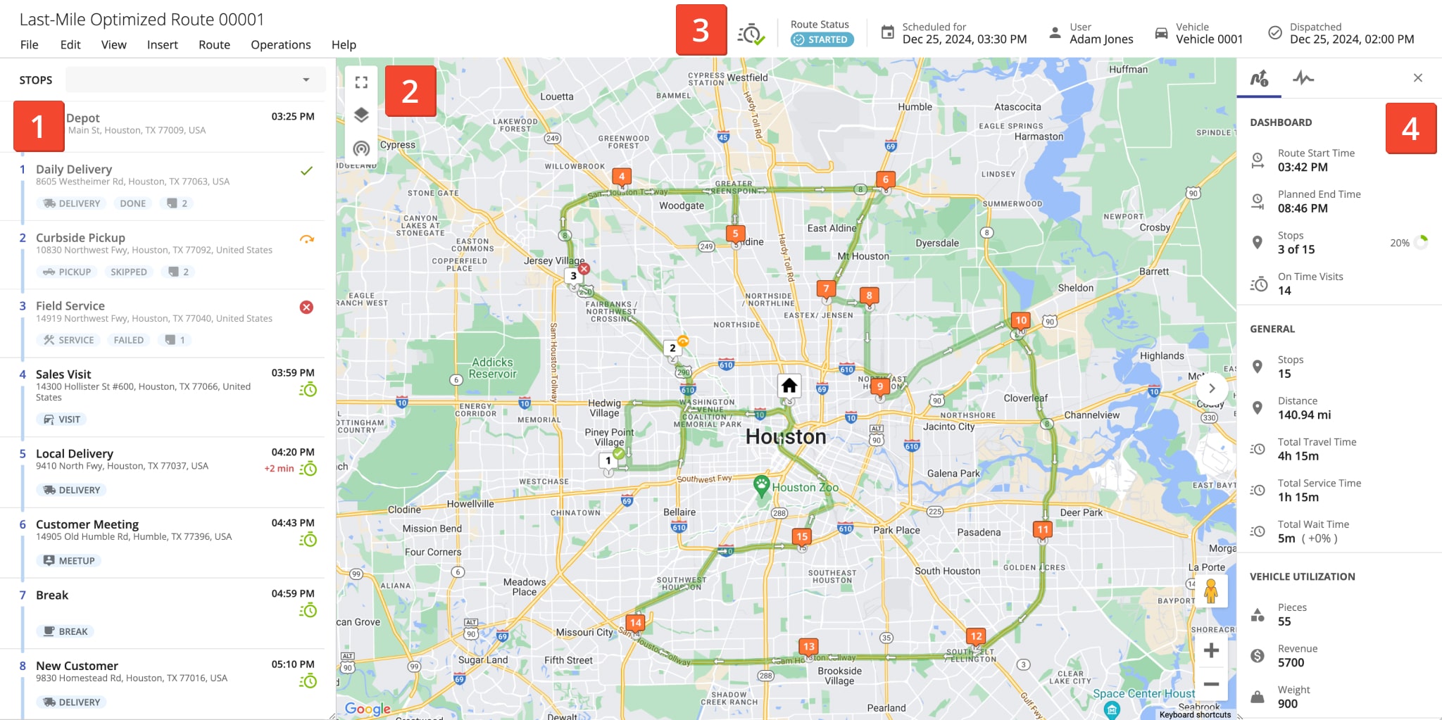 Route4Me's Route Editor consists of the stops list, interactive route map, toolbar with route and optimization settings, route dashboard, and activity feed.