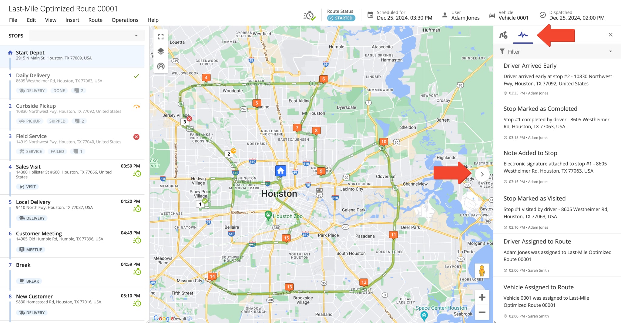 Activity Feed in Route Editor shows route events completed in real-time: added and removed stops, assigned driver and vehicle, attached proof of visit and delivery, added stop statuses, and more.