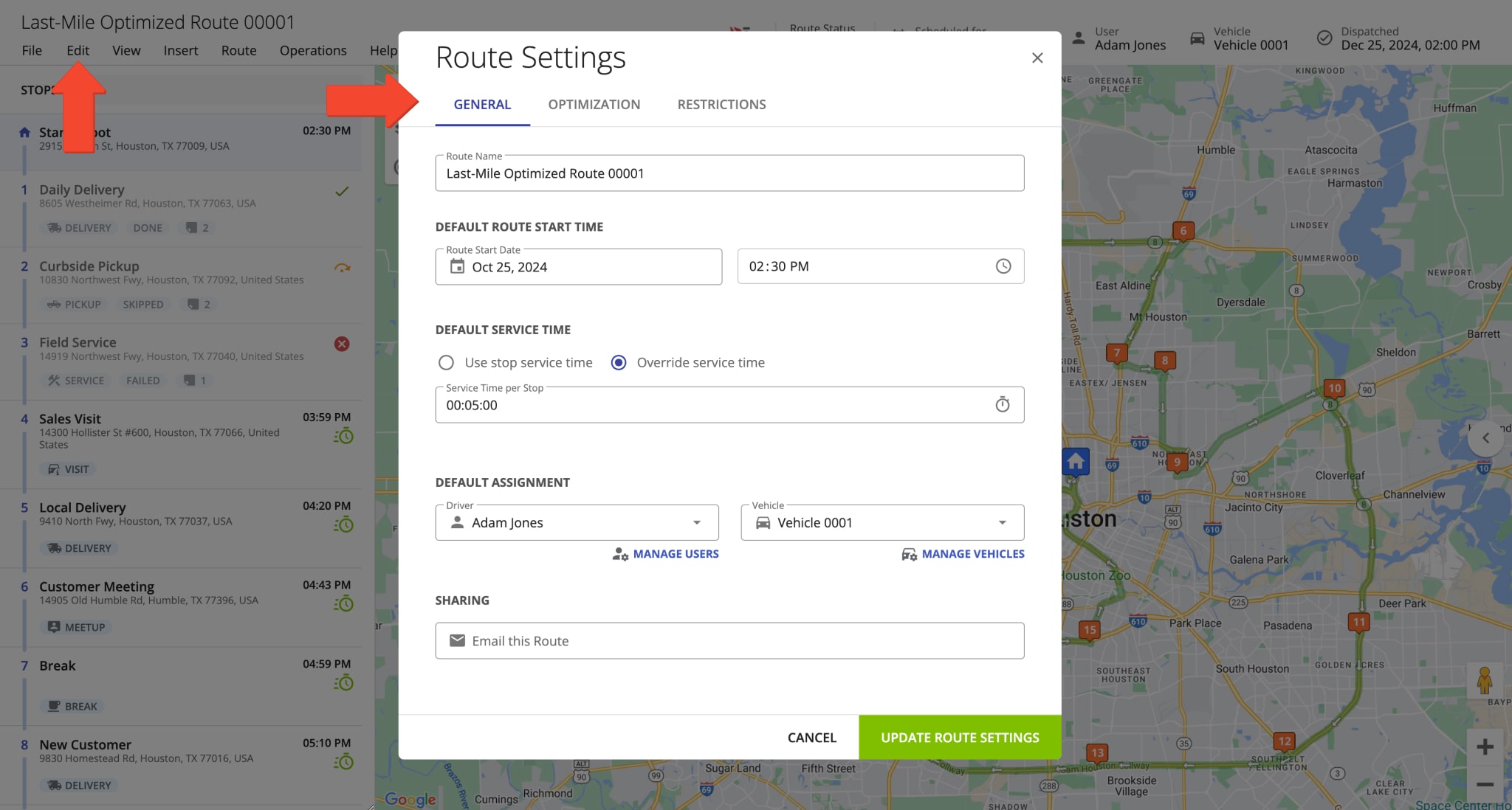 Route Editor Route Settings: assign driver and vehicle to route, reschedule, dispatch, and re-optimize route, update directions, and more.