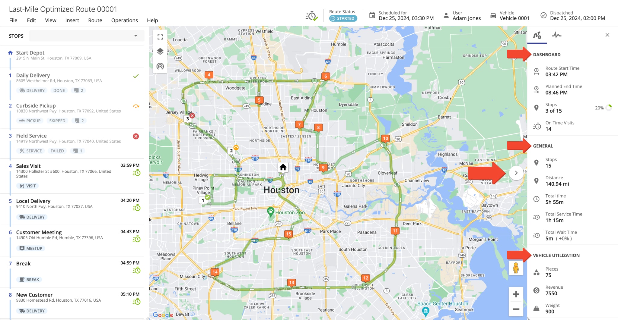 Route Editor Dashboard shows the route's totals, visited and failed stops, route distance and travel time, predicted finish time, vehicle utilization, and more.