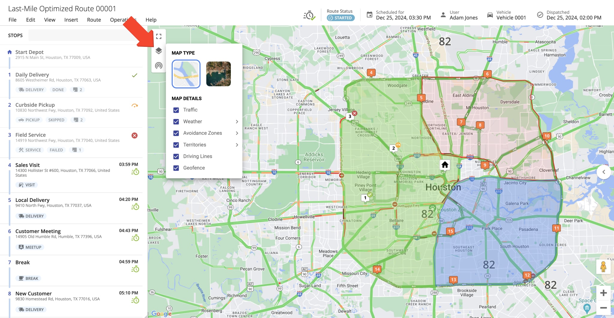 Interactive Map in Route Editor shows route stops, driving directions, satellite map view, address territories, avoidance zones, user GPS tracking, weather overlays, and more.