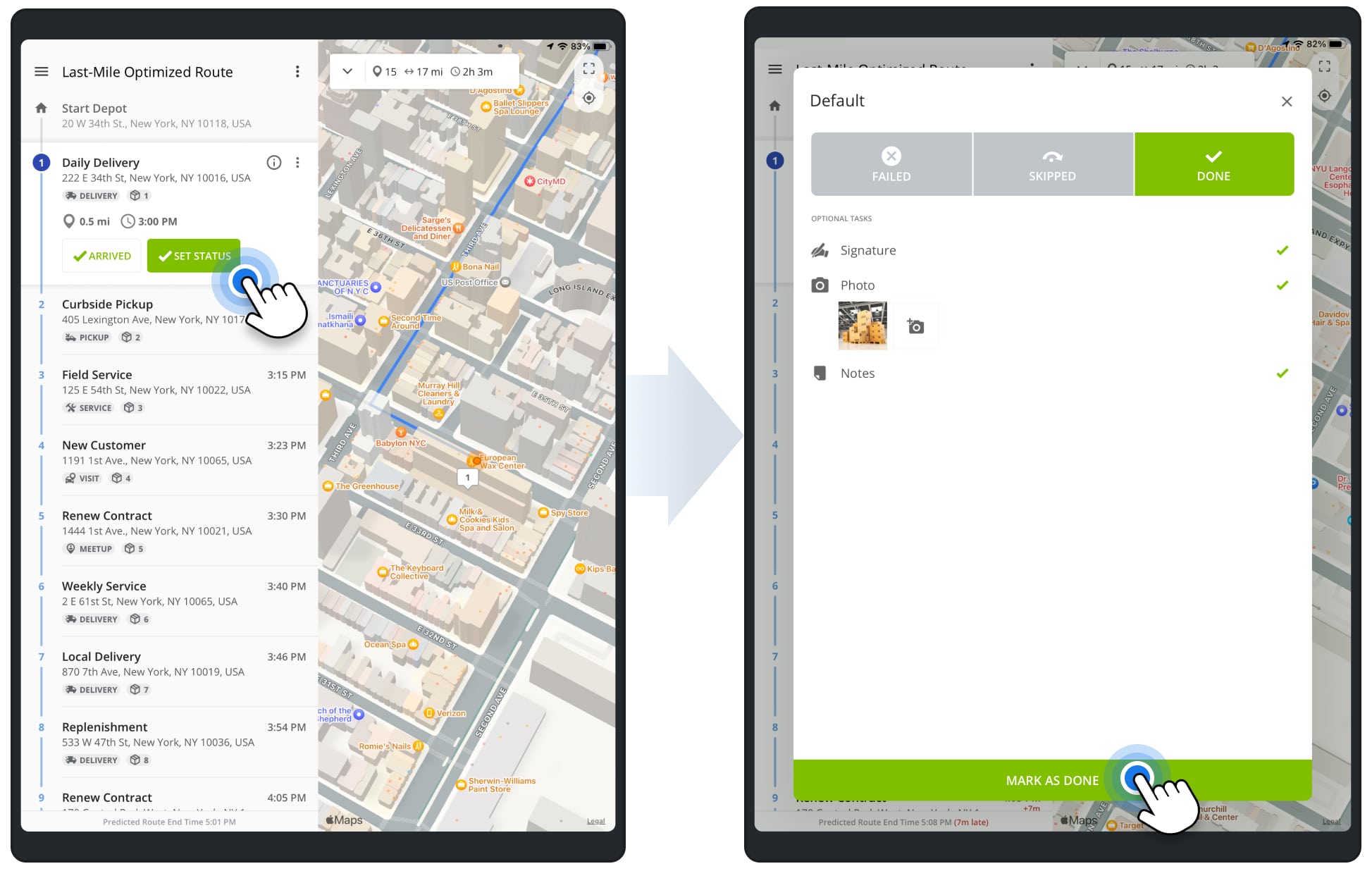 Adding stop statuses and attaching electronic proof of delivery and service to route stops on iPad Route Planner app for drivers.