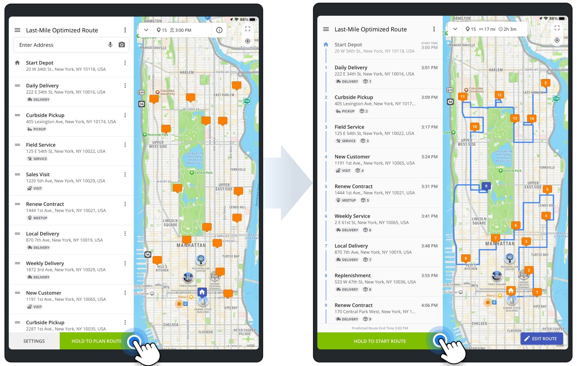 Optimizing and sequencing multi-stop route on Route4Me's Mobile iPad Route Planner app for last-mile drivers.