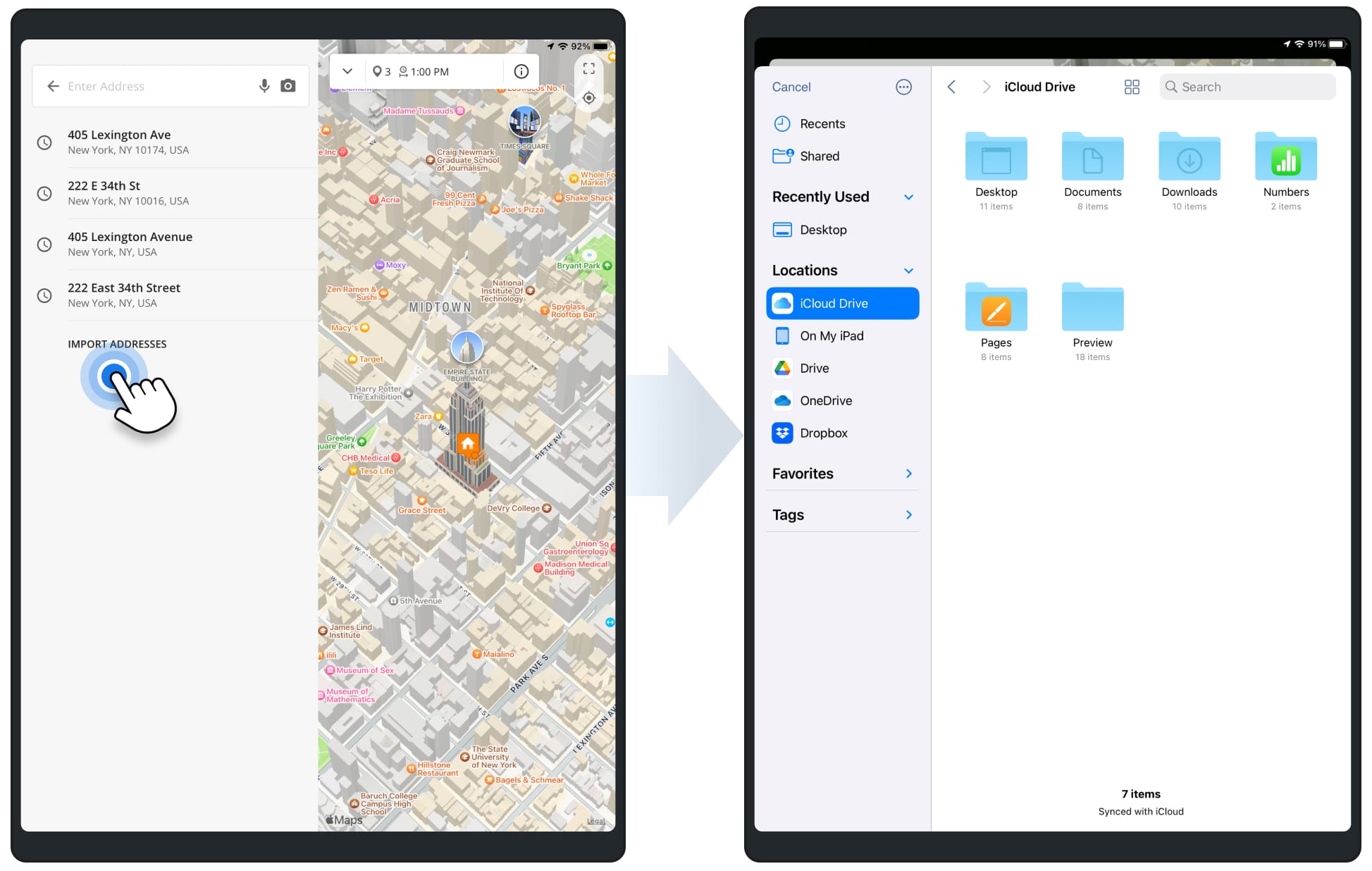Importing a CSV or XLS spreadsheet with route addresses from iPad, iCloud, Google Drive, OneDrive, or Dropbox into the Route Planner app.