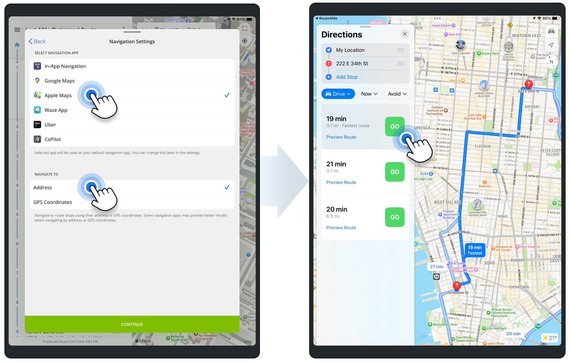 Using Apple Maps route planner GPS navigation for navigating multi-stop routes sequenced on Route4Me's iPad Route Optimization app.
