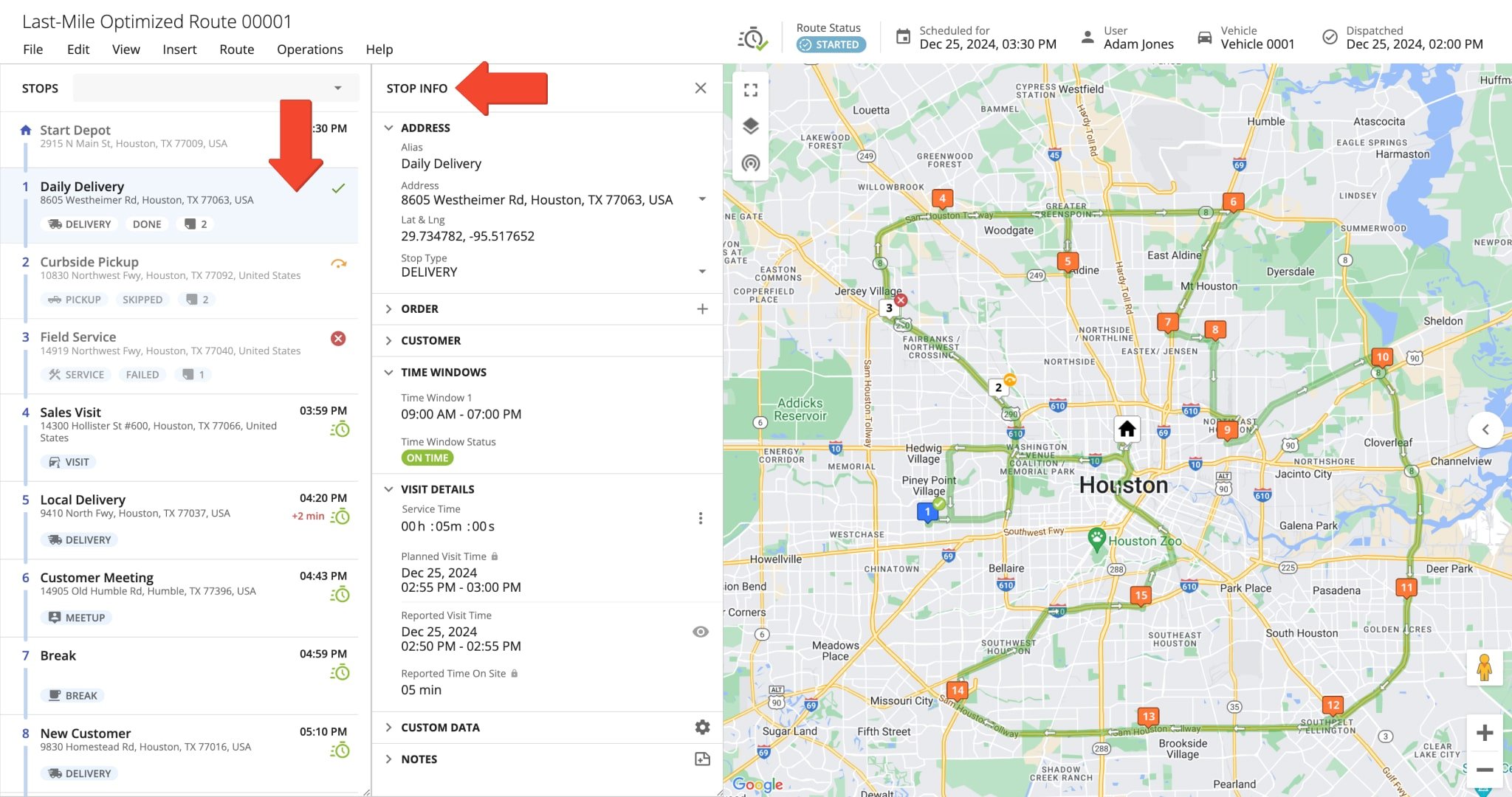 Opening and managing route stops, checking stop ETAs, editing customer details, order info, Custom Data, and adding notes in Route4Me's Route Editor.