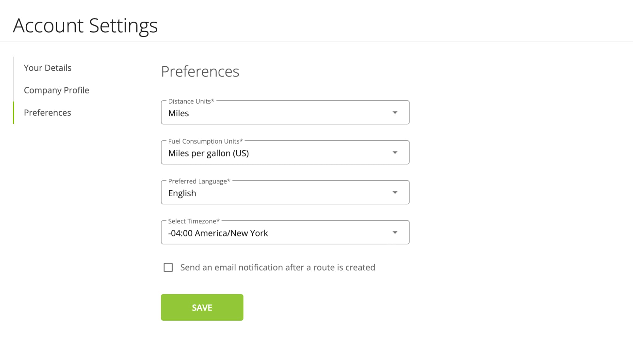 Preferences in Route4Me Account Settings: distance units for miles and kilometers, fuel consumption units, account language, and time zone.