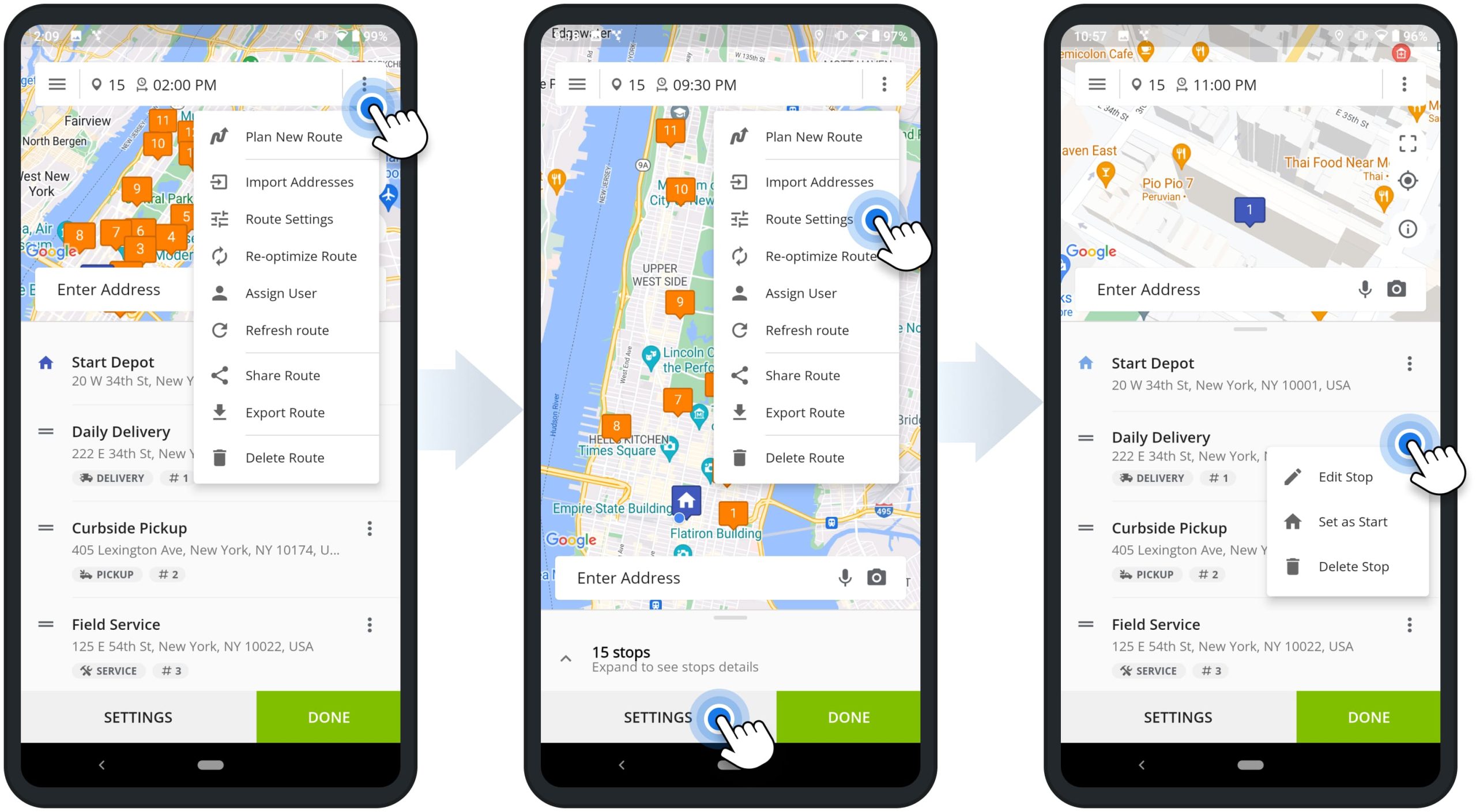 Access, open, and manage your and team's routes, edit stops, send routes to drivers, re-optimize routes, reschedule routes, etc., on Route4Me's Android Route Planning app.