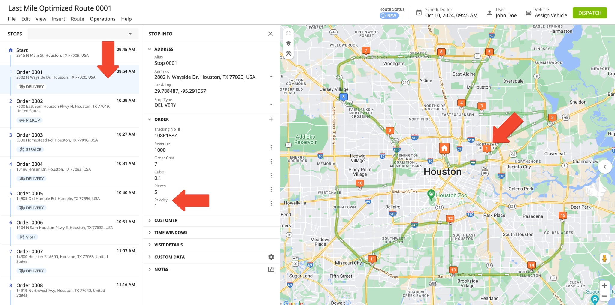 Planned and optimized route with prioritized orders for last mile delivery, service, visits, etc.