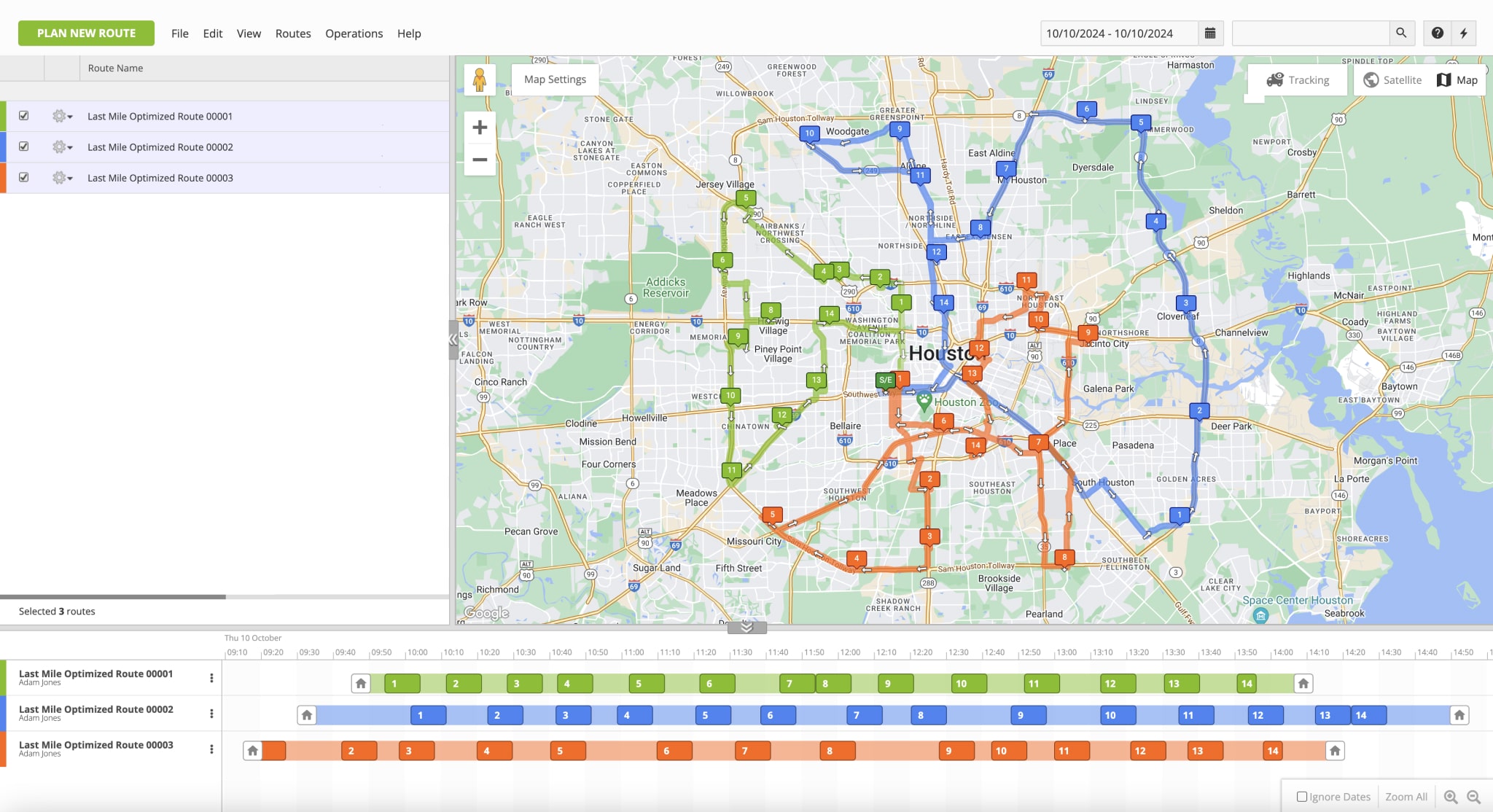 Open and manage multiple planned and optimized last mile routes on the same map with route timeline using Route4Me's Routes Map.