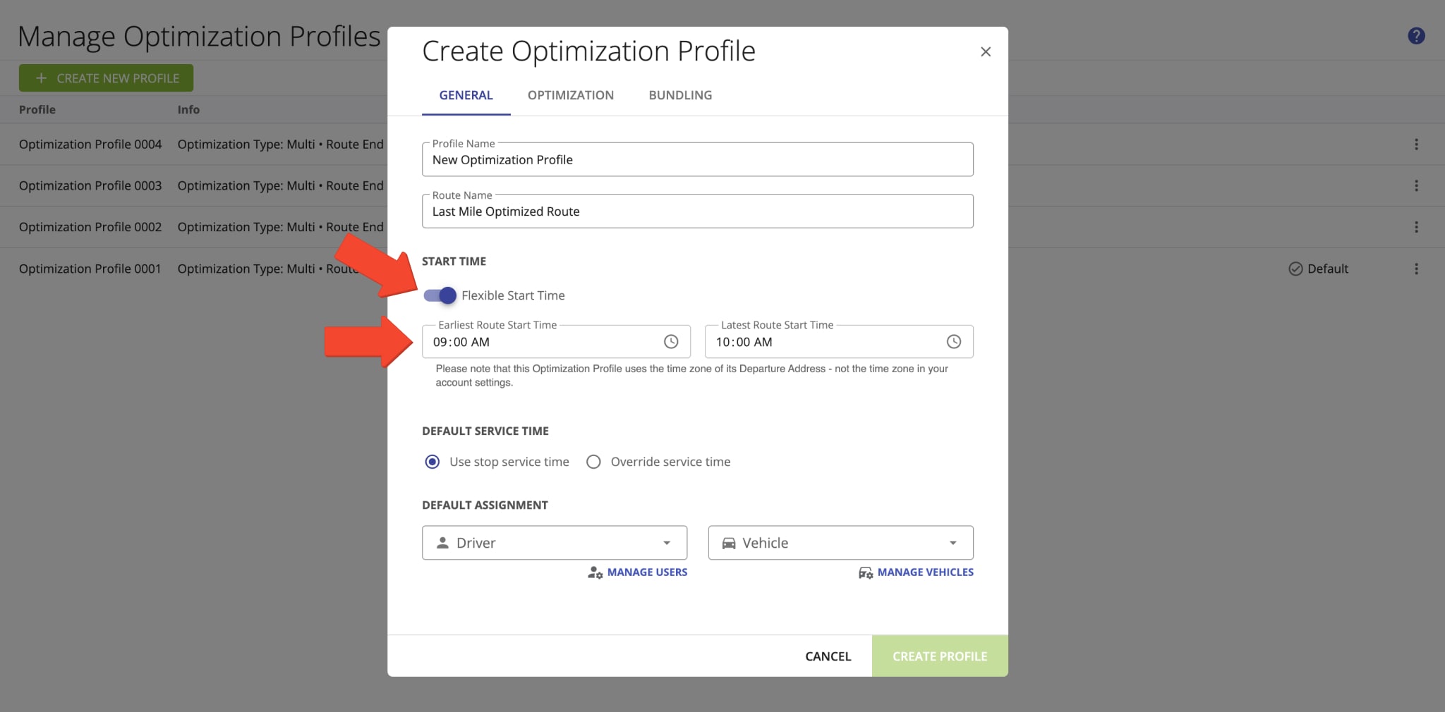 Adding Flexible Start Time in the Route Optimization Profile with the earliest and latest route start times.