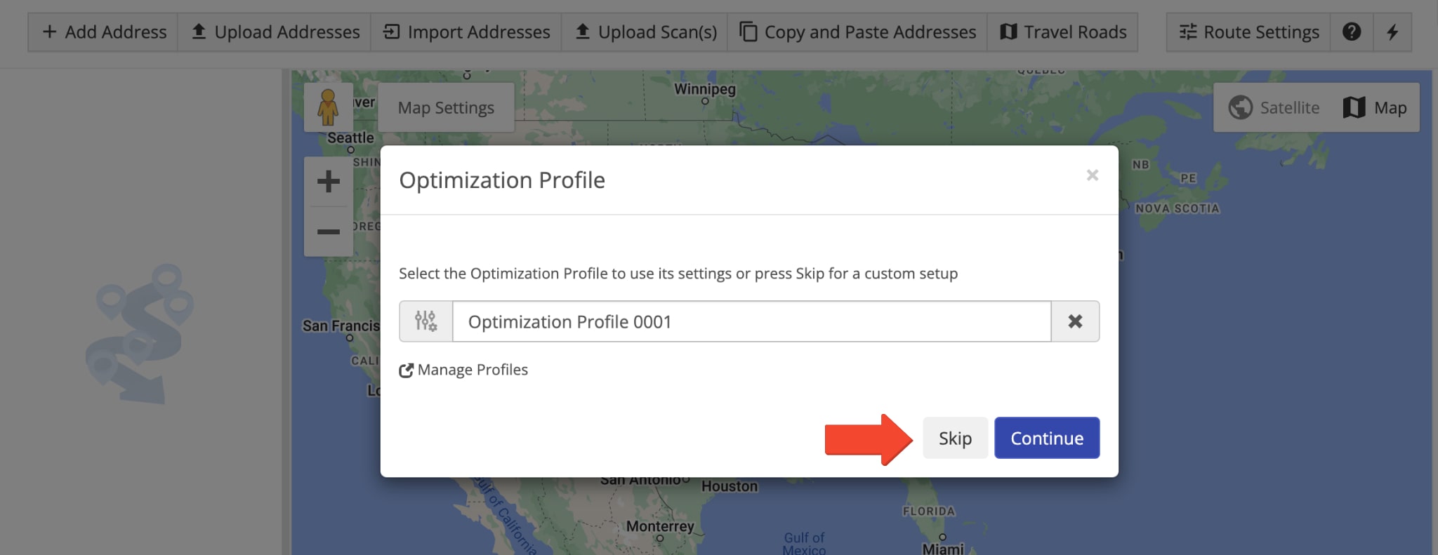 Skip selecting Route Optimization Profile to customize route and optimization settings.