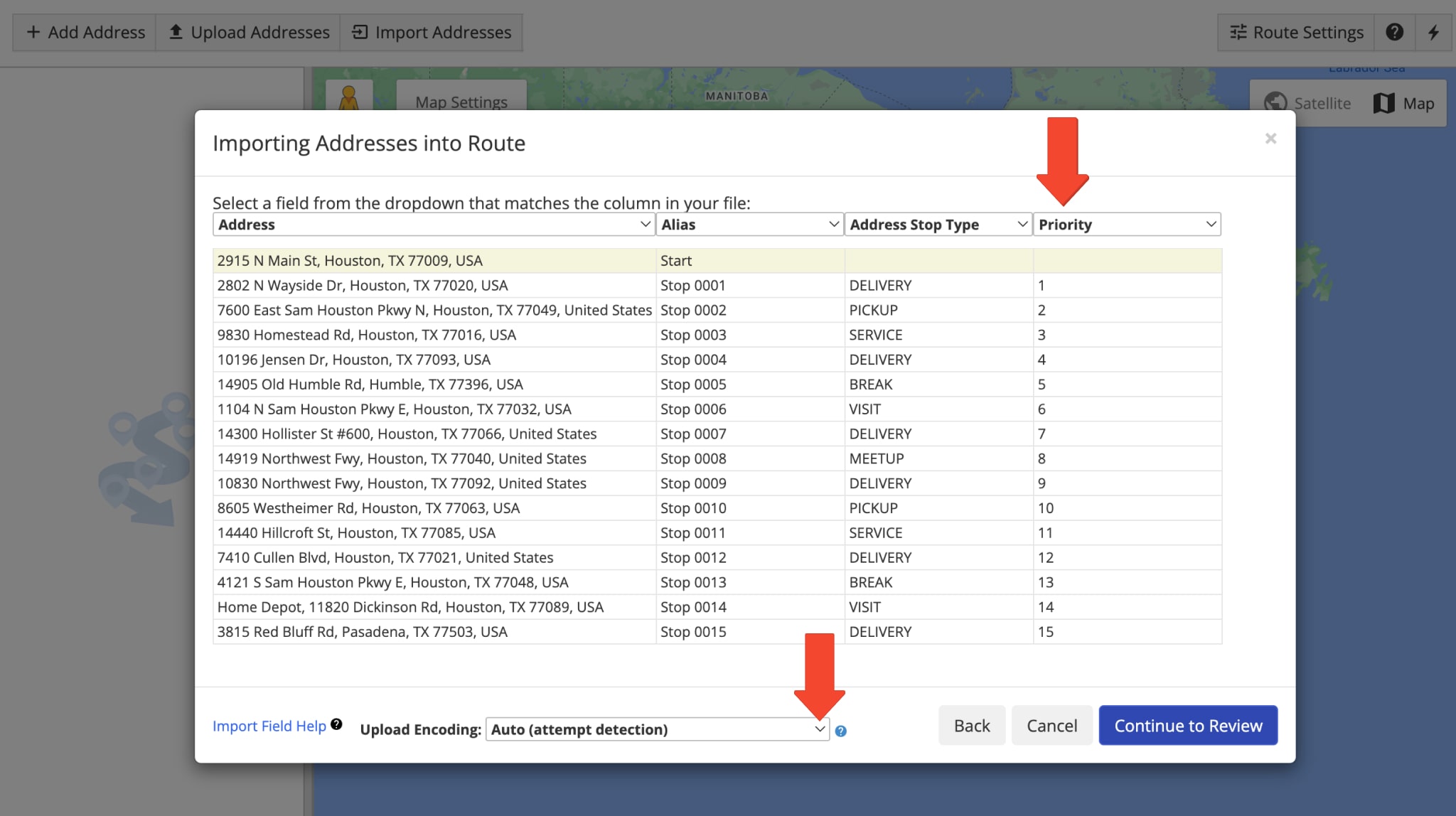 Route4Me automatically verifies addresses, stops priority column, and other route data in the uploaded spreadsheet.