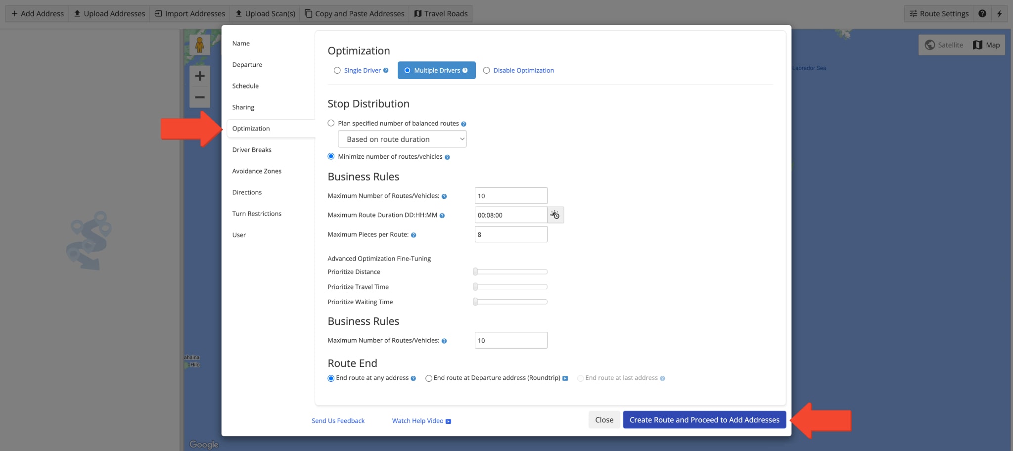 Customize route settings, optimization type, departure address, route scheduled start time, business rules, optimization constraints, and more.